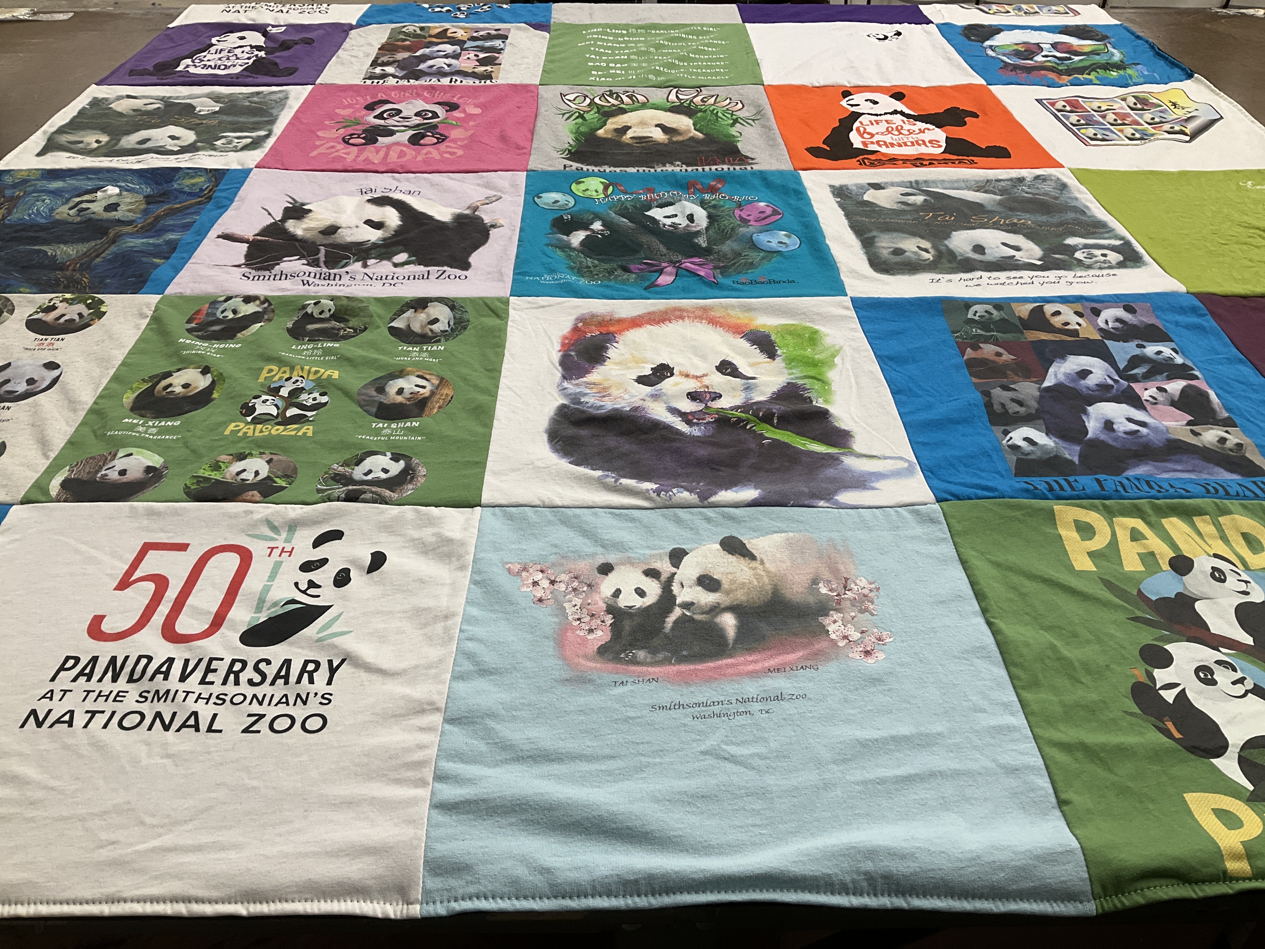 T-shirt quilt with pandas, zoos themes by Fran from NH