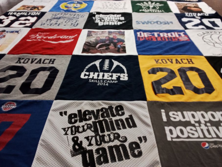 T-shirt quilt with basketball, football themes by Shelly from MI