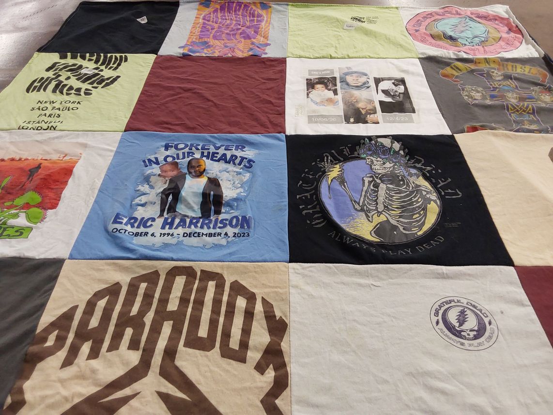 T-shirt quilt with music, memorial themes by Dawn from PA