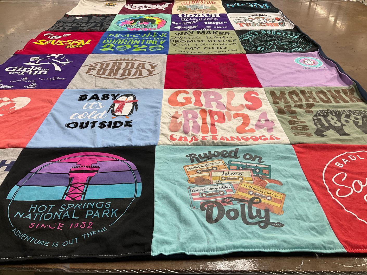 T-shirt quilt with national parks, music themes by Katie from NC