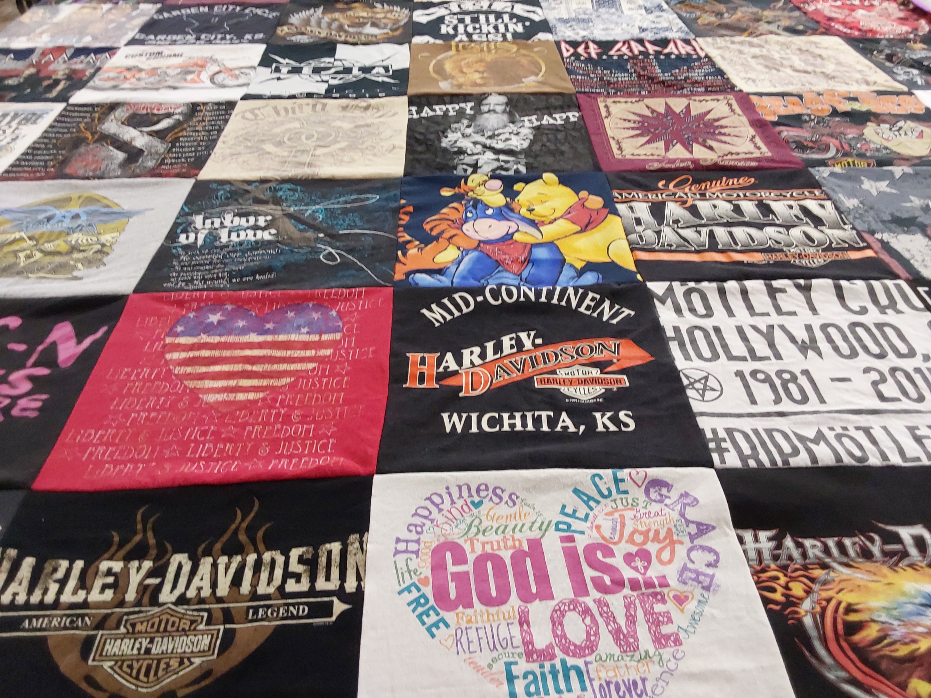 T-shirt quilt with motorcycles, music themes by Stacie from KS