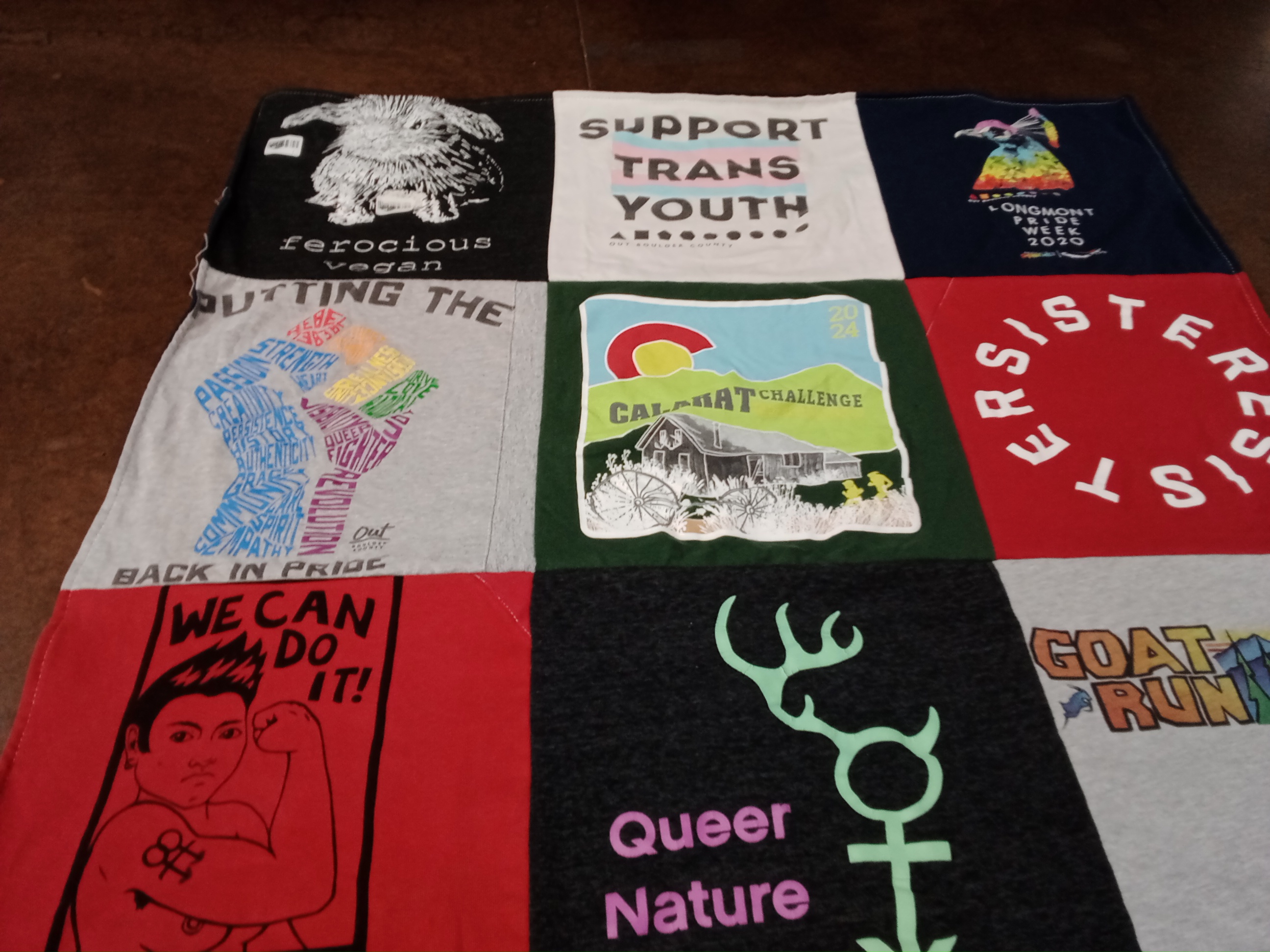 T-shirt quilt with veganism, support for trans youth themes by Michal from CO