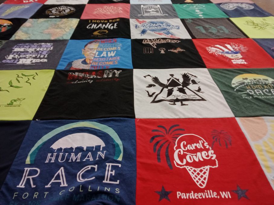 T-shirt quilt with activism, marathons themes by Terry from CO