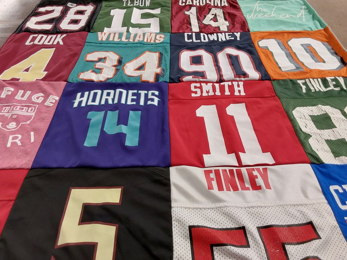 T-shirt quilt with sports, football themes by Jennifer from SC