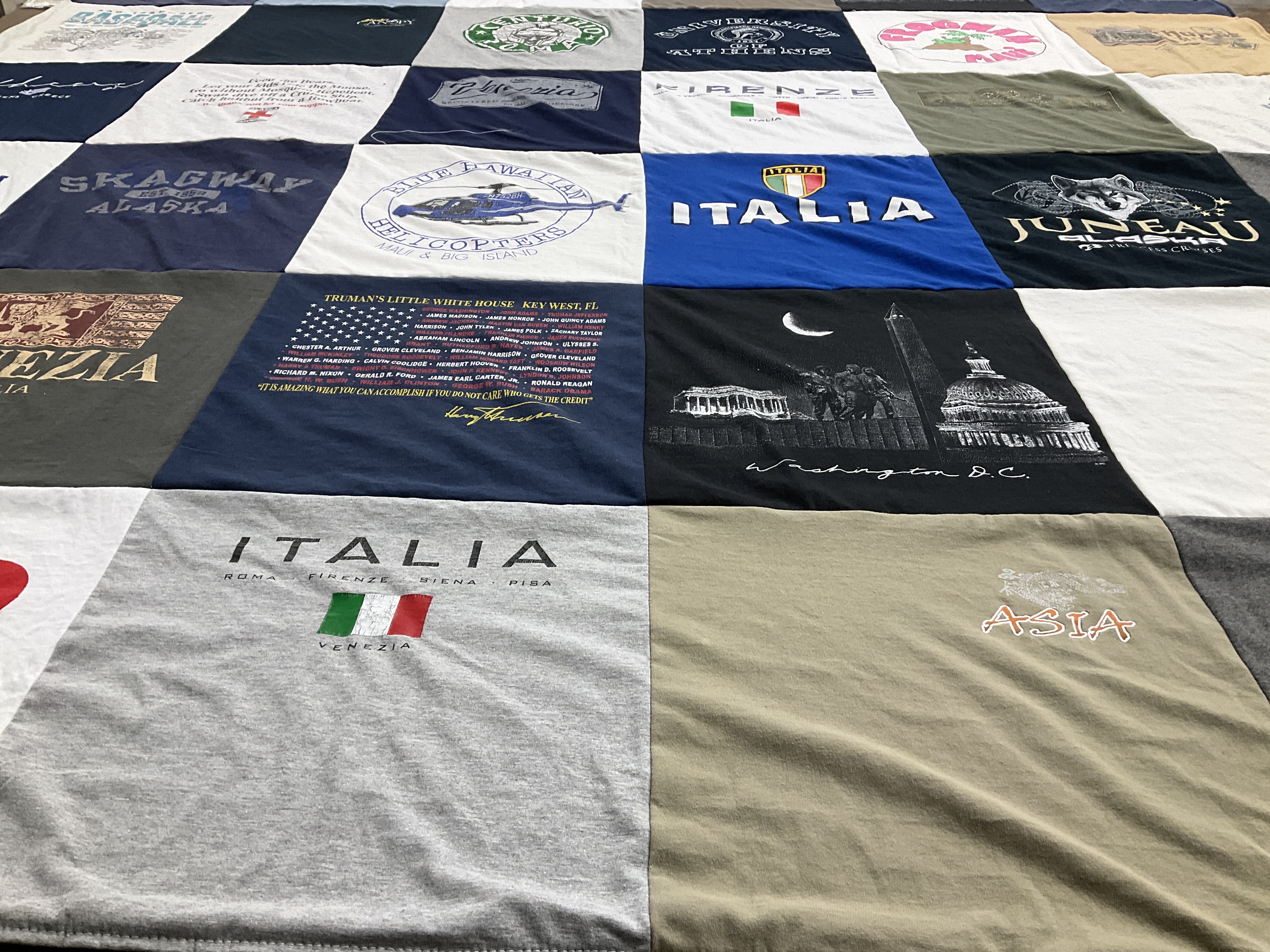 T-shirt quilt with travel, geography themes by Robert from CA