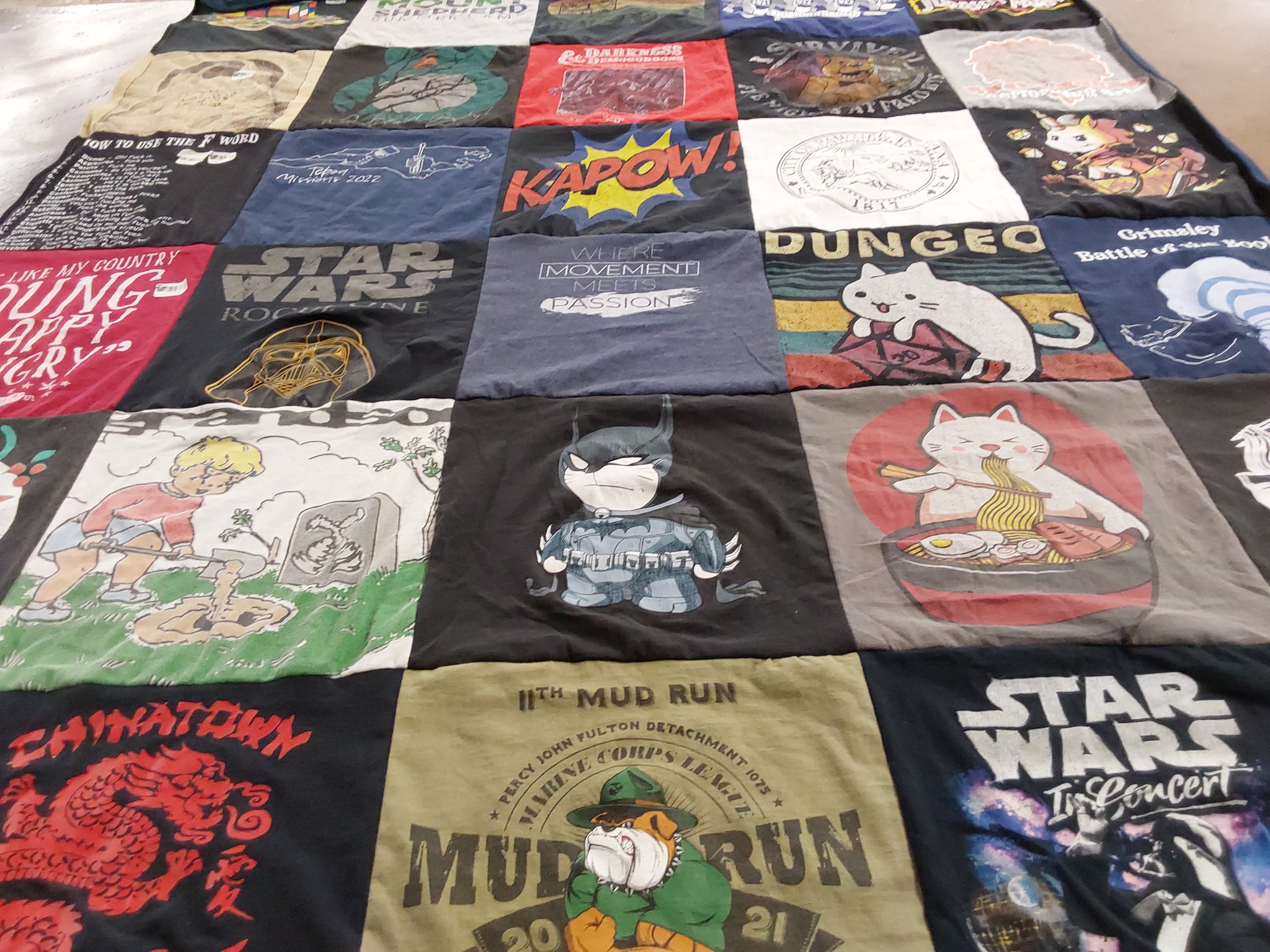 T-shirt quilt with movies, gaming themes by Elizabeth from NC