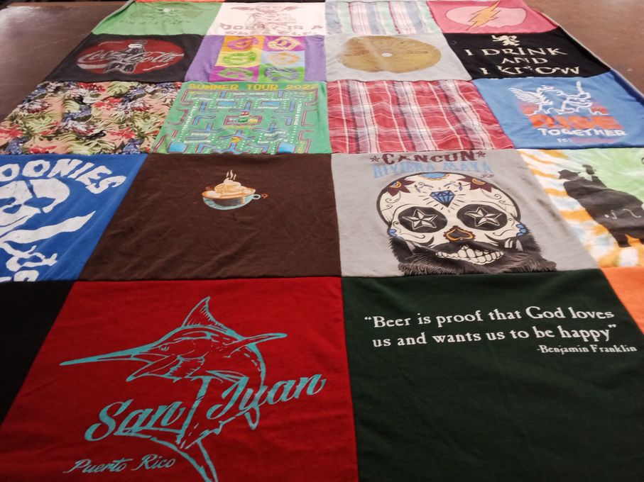 T-shirt quilt with travel, beverages themes by Leah from OH