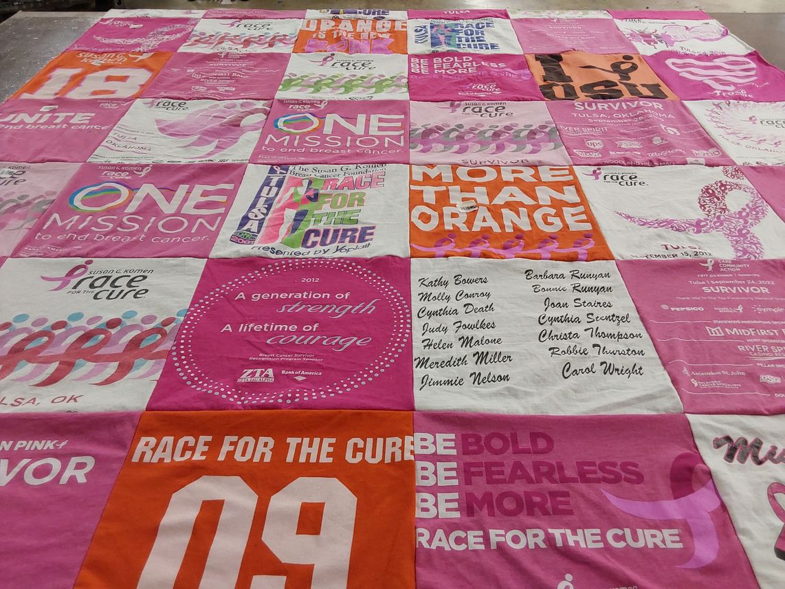 T-shirt quilt with breast cancer awareness, fundraising themes by Meredith from OK
