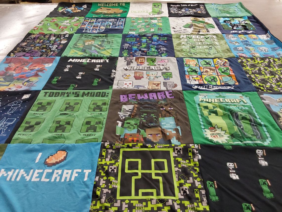 T-shirt quilt with gaming, minecraft themes by Kelli from UT