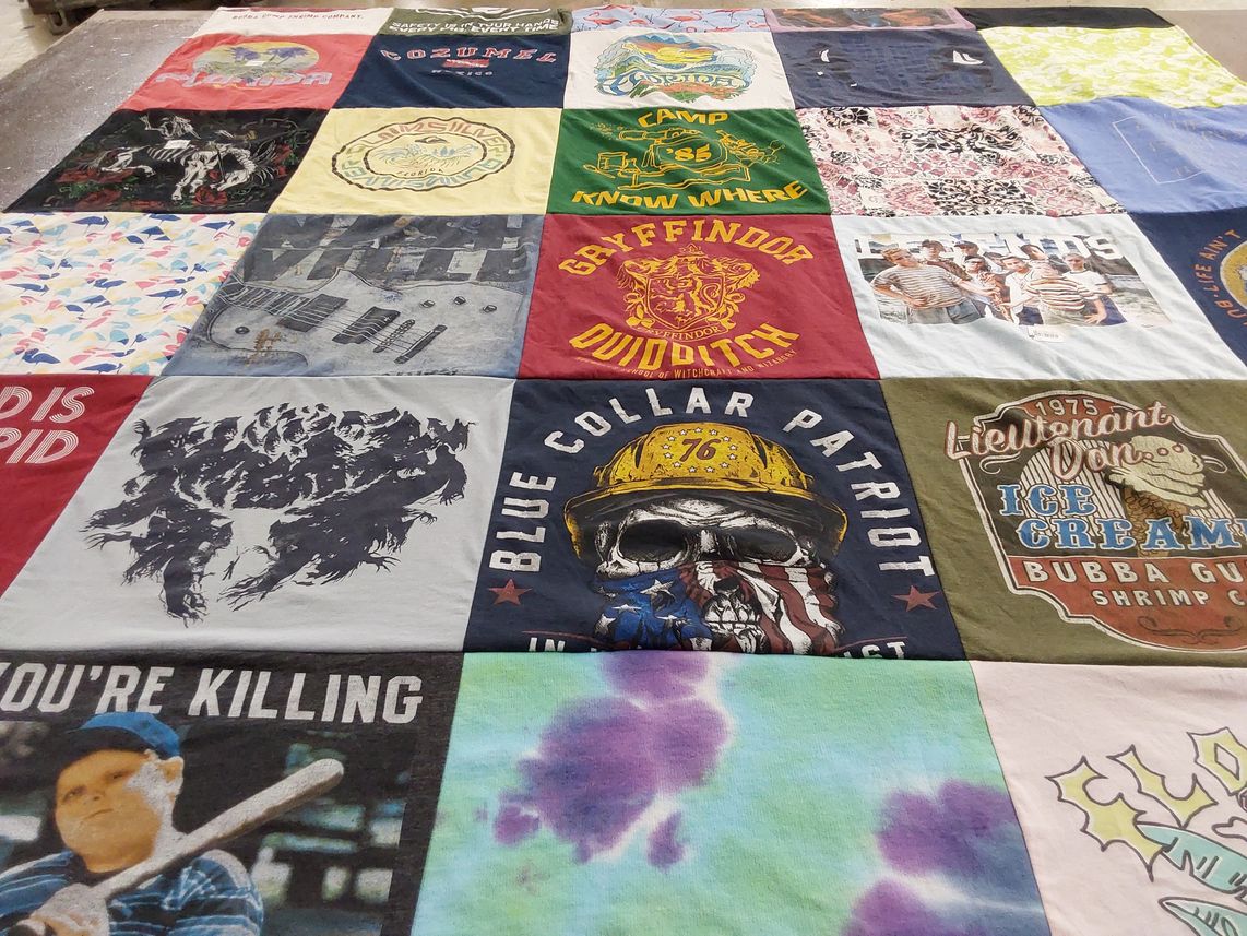 T-shirt quilt with camping, music themes by Kimberly from VA