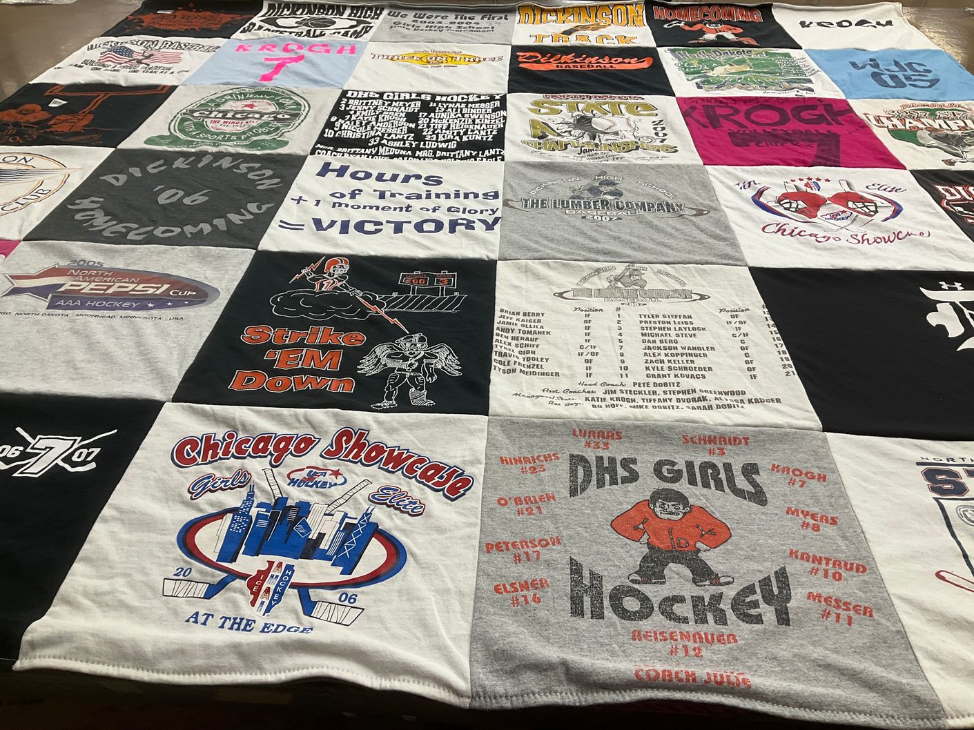 T-shirt quilt featuring dickinson high school girls hockey team, chicago showcase girls hockey team by amy from ND