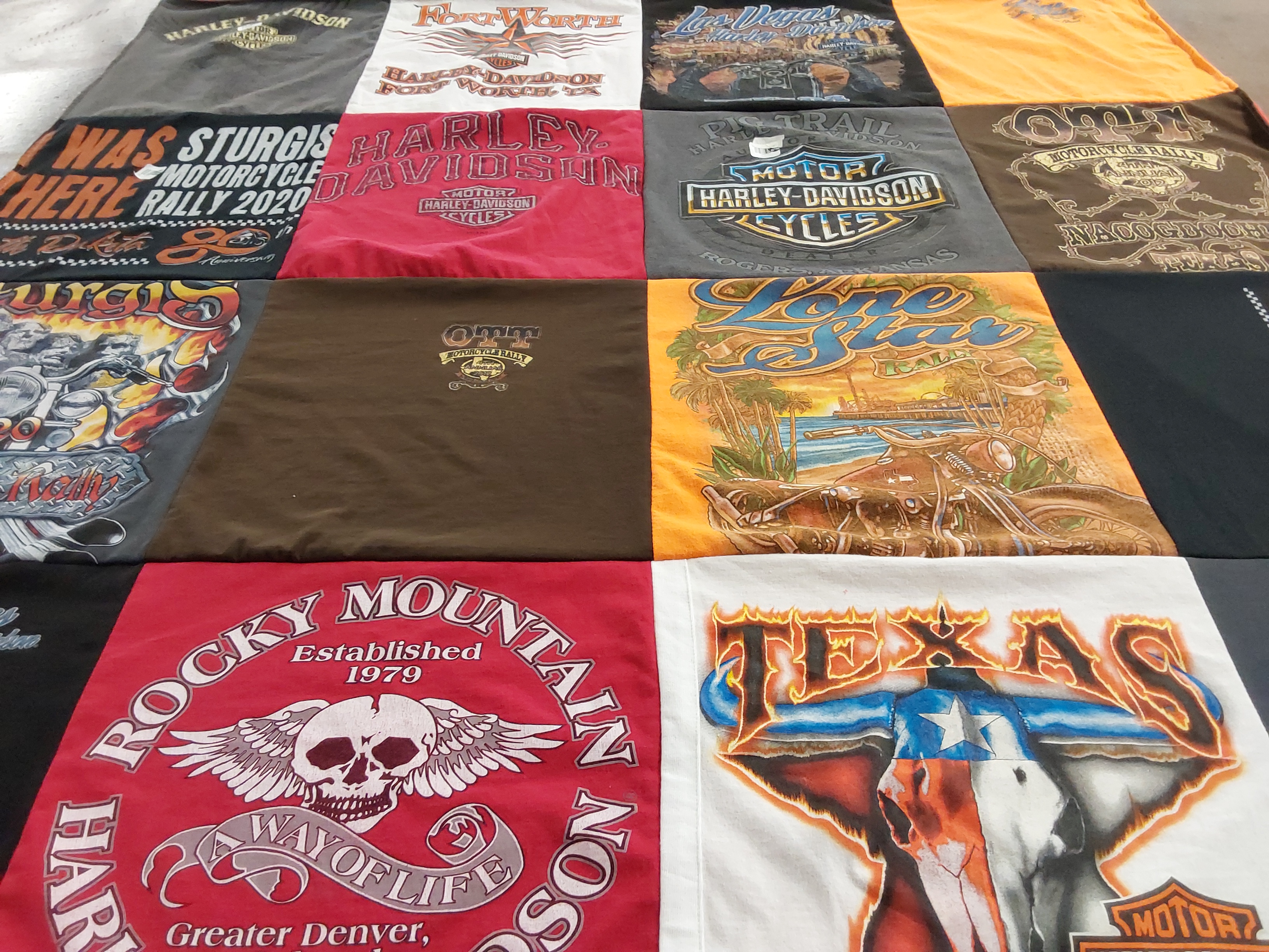 T-shirt quilt with motorcycles, biking themes by Michael from TX