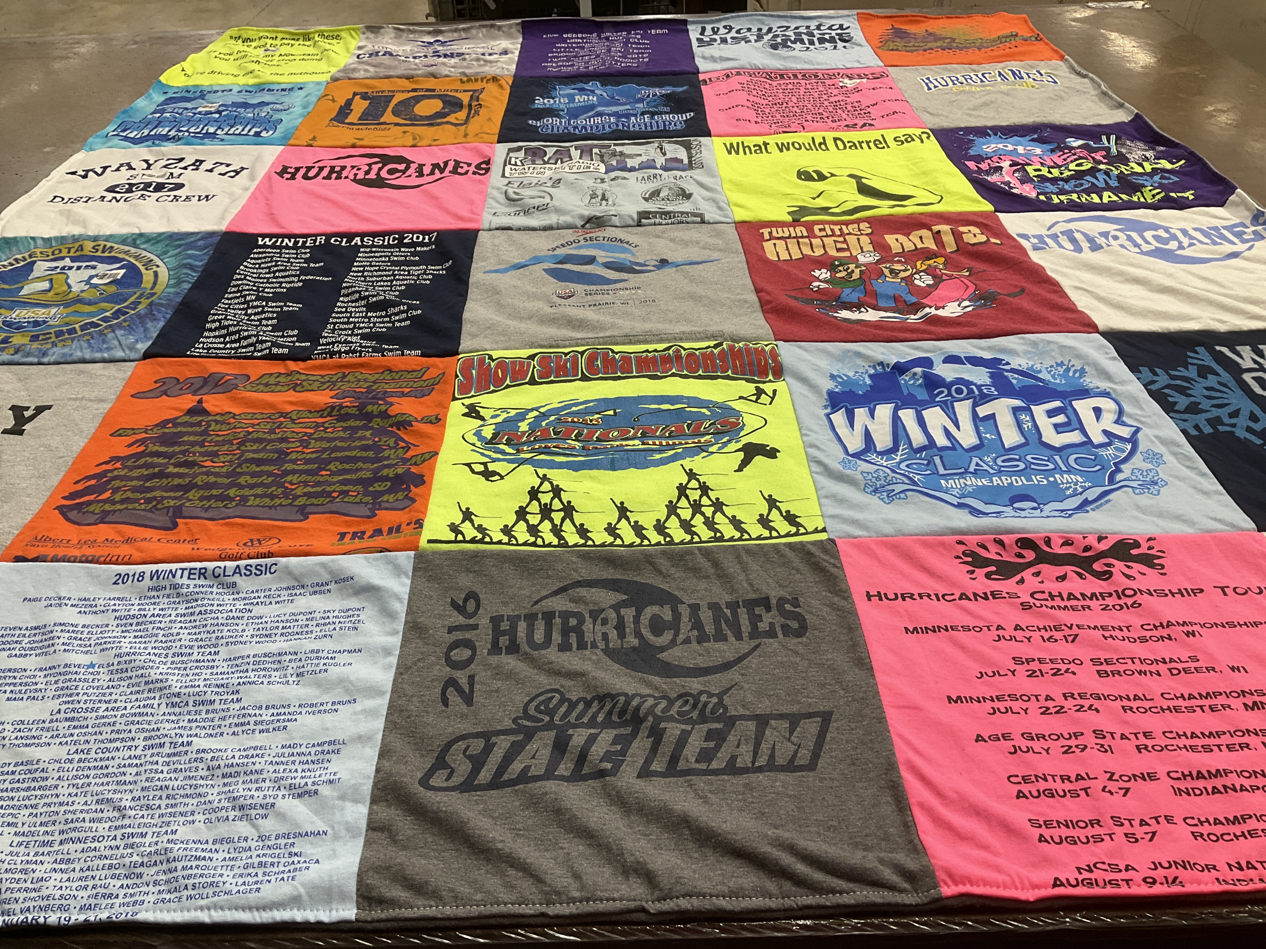 T-shirt quilt featuring hurricanes swimming team by Elsa from MN