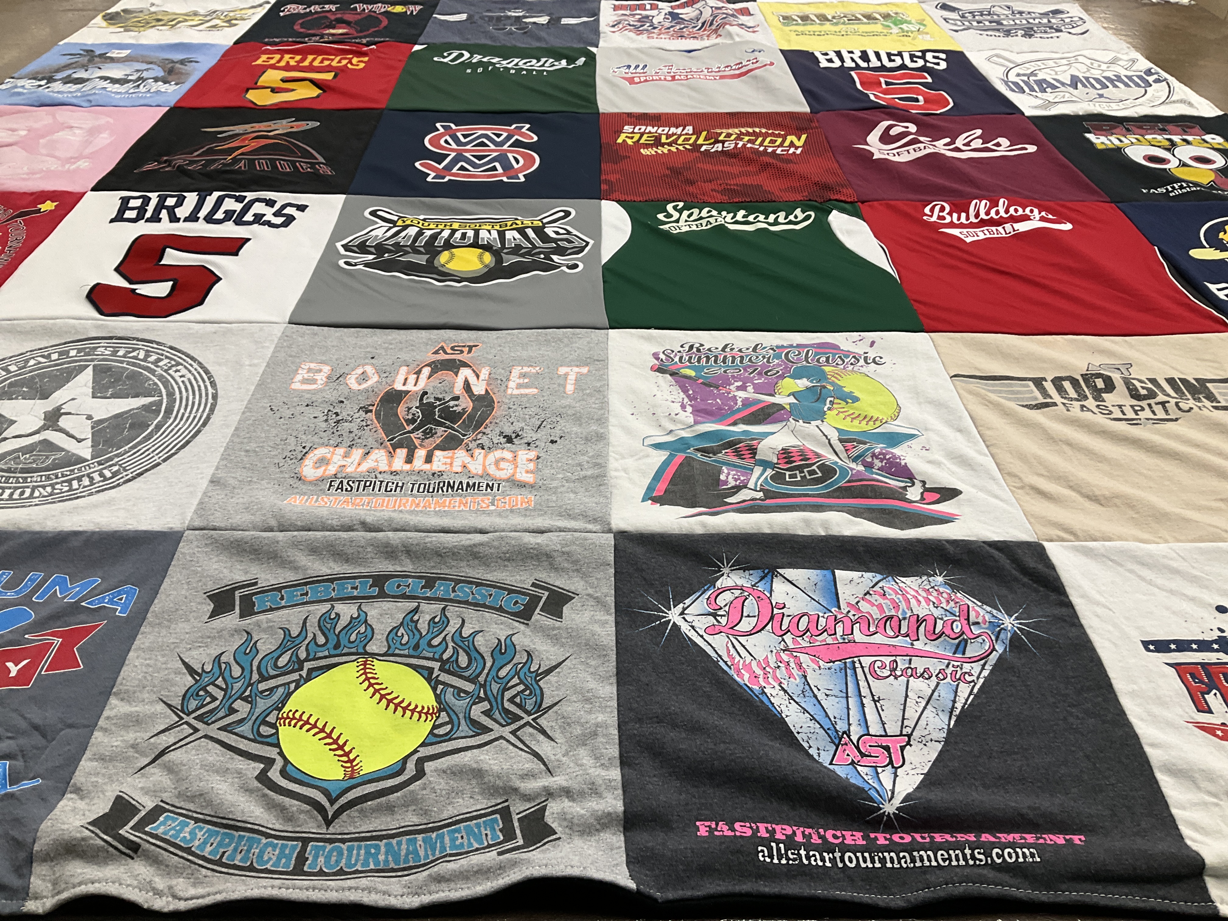 T-shirt quilt with softball, fastpitch themes by Tiffany from CA
