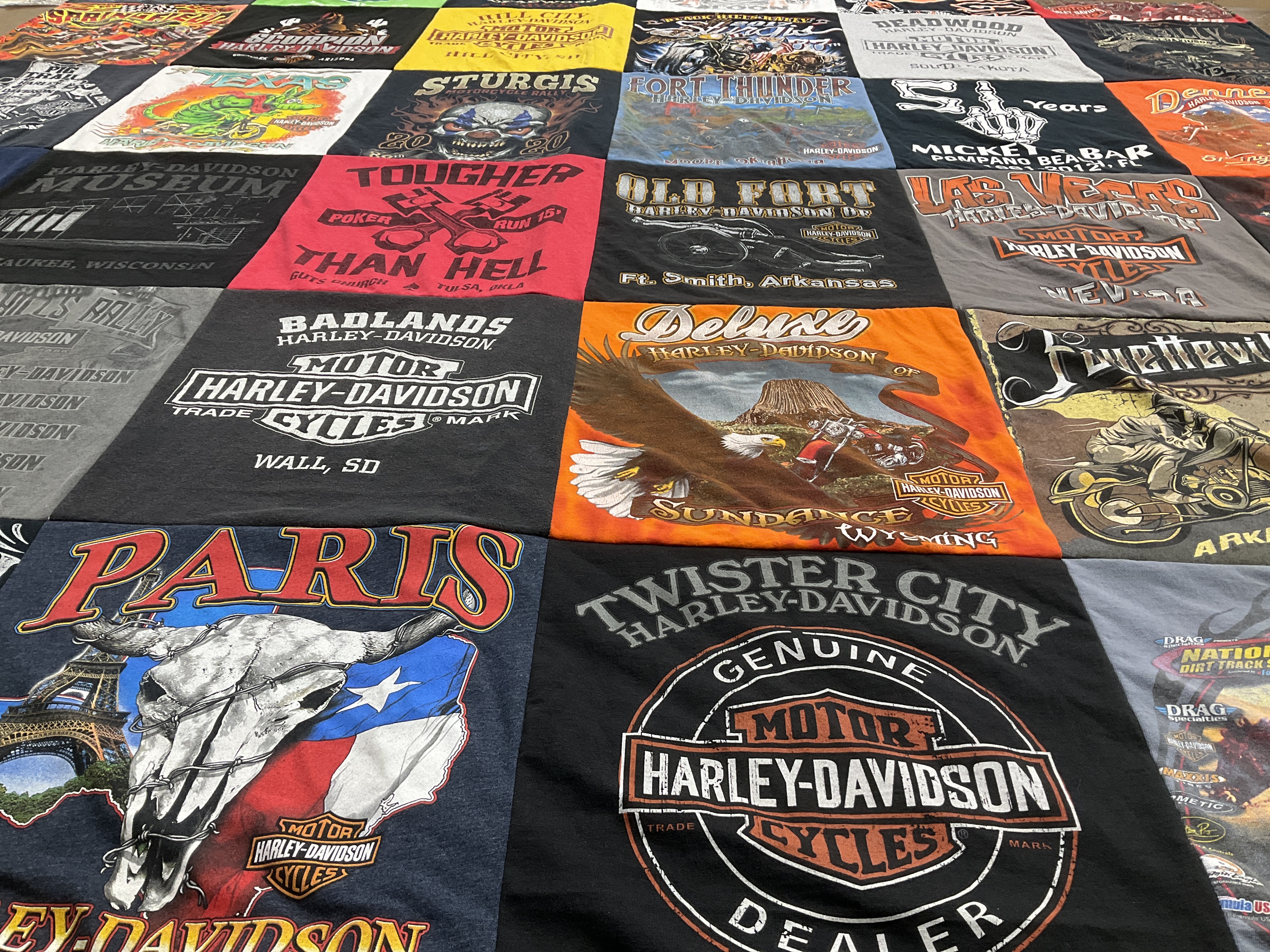 T-shirt quilt with motorcycles, rallies themes by Carla from OK