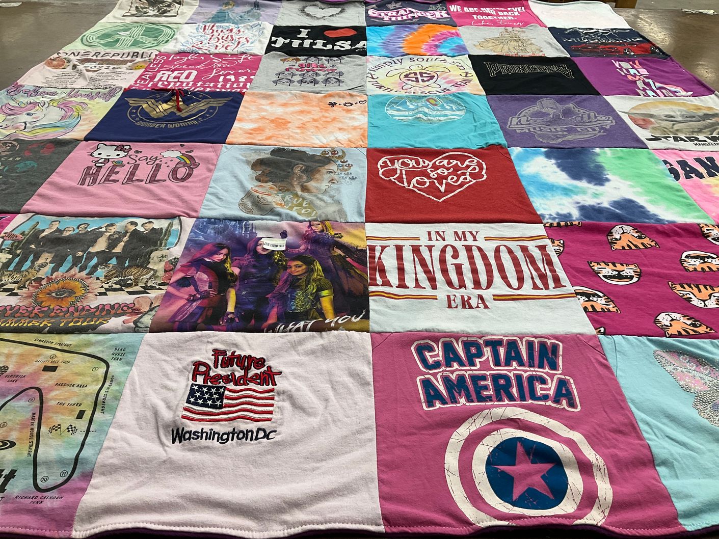 T-shirt quilt with superheroes, pop culture themes by Carolyn from OK