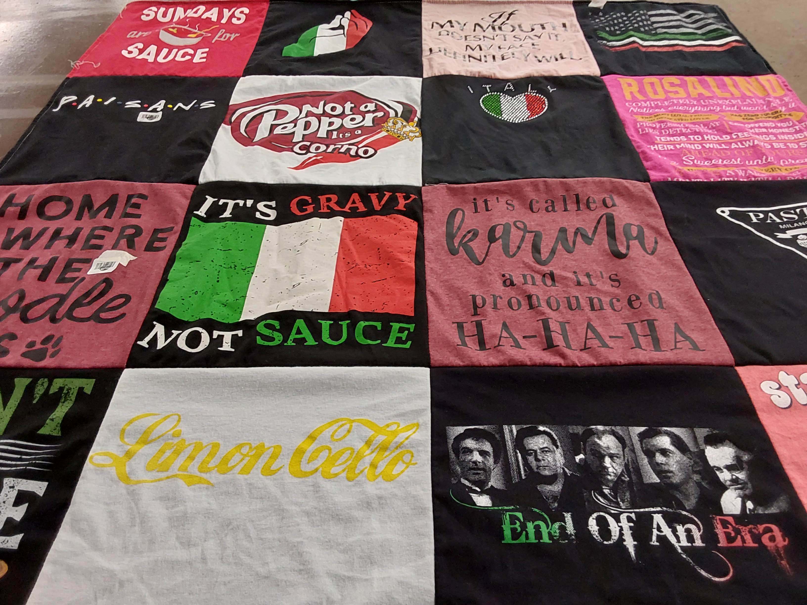 T-shirt quilt with italian cuisine, humor themes by Denise from FL