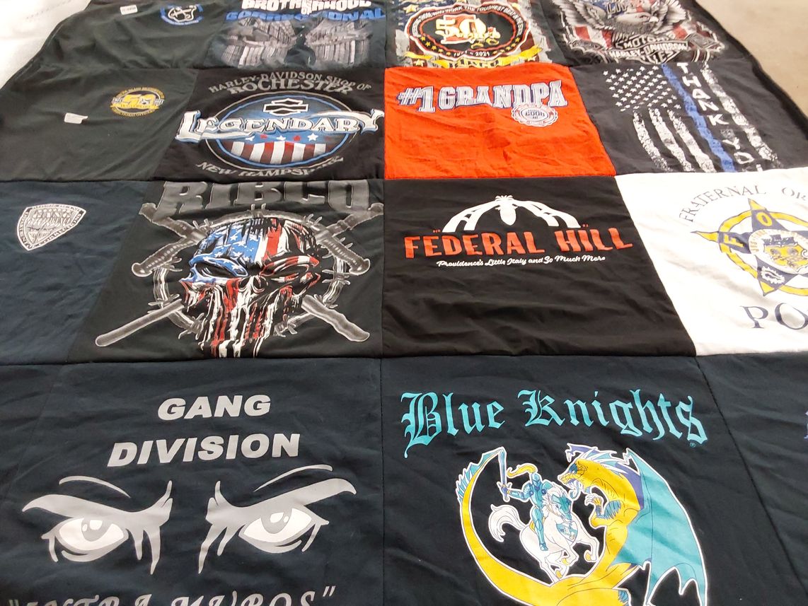 T-shirt quilt with motorcycles, bikers themes by Donna from MA