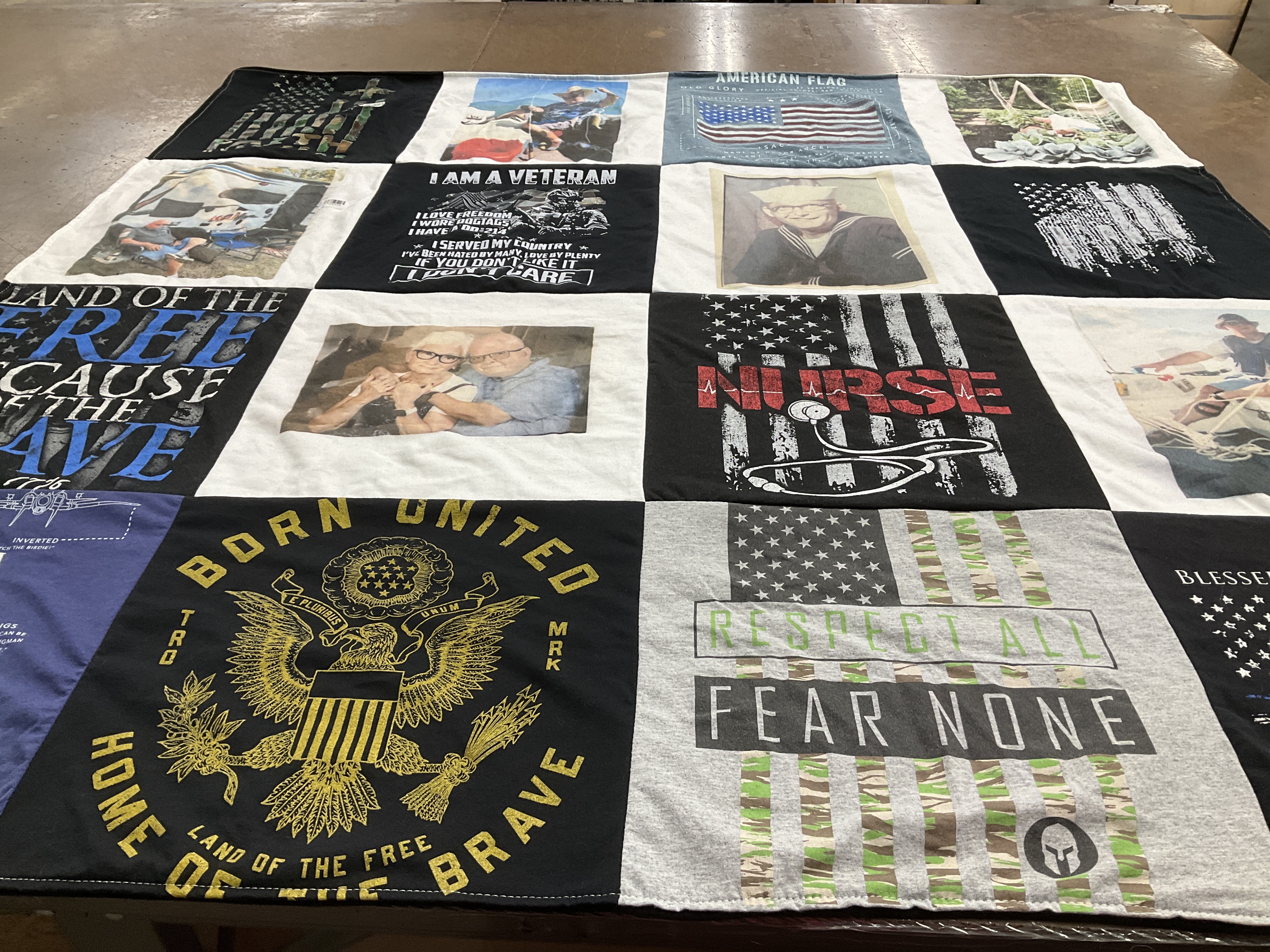 T-shirt quilt with military, healthcare themes by Janice from SC