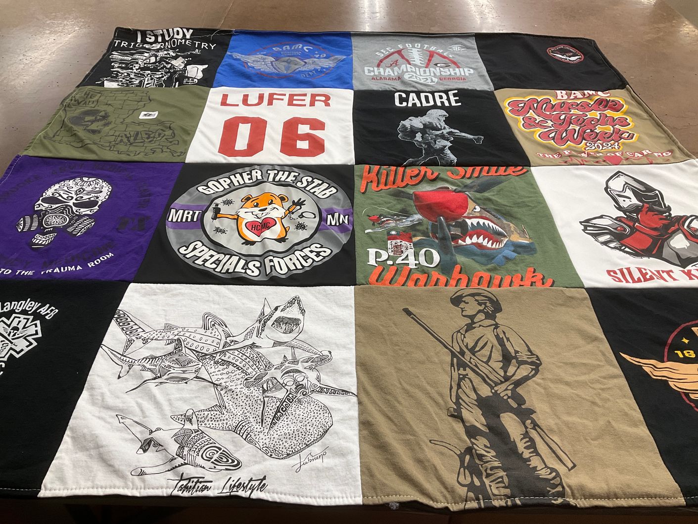 T-shirt quilt with math, military themes by Taylor from TX