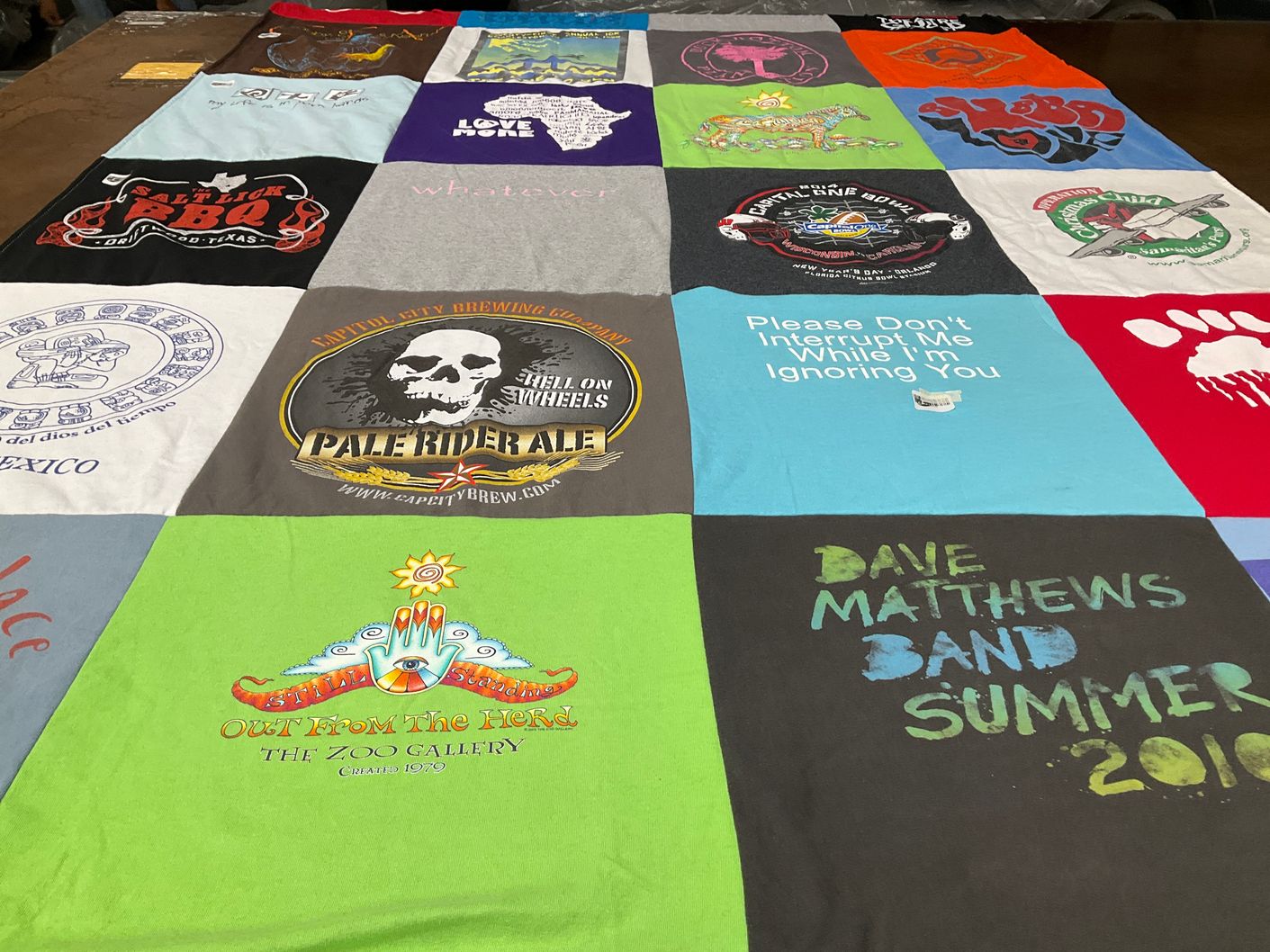 T-shirt quilt with music, cooking themes by Elaine from NC