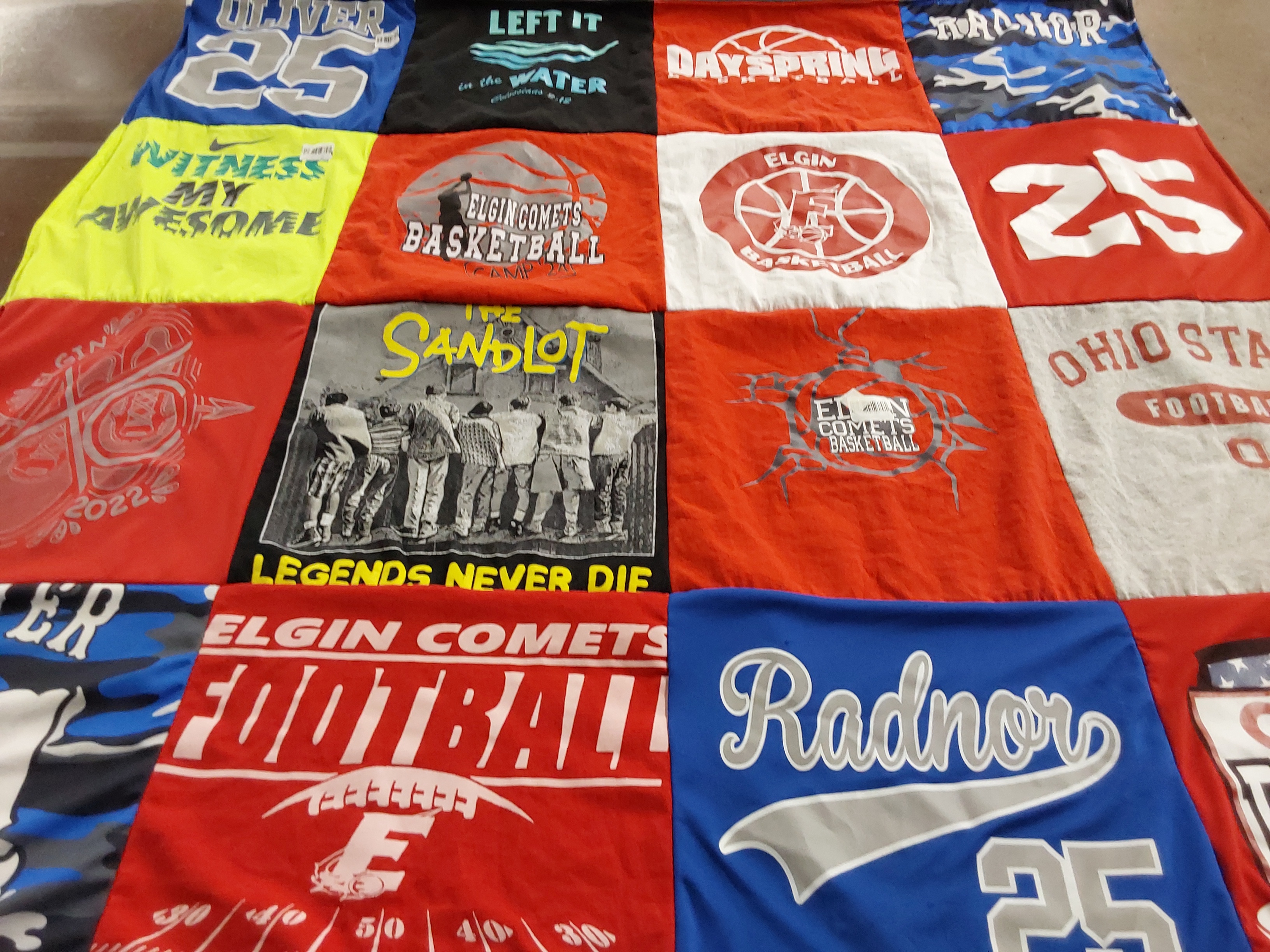 Custom Project Repat t-shirt quilt featuring shirts from elgin high school, radnor high school.
