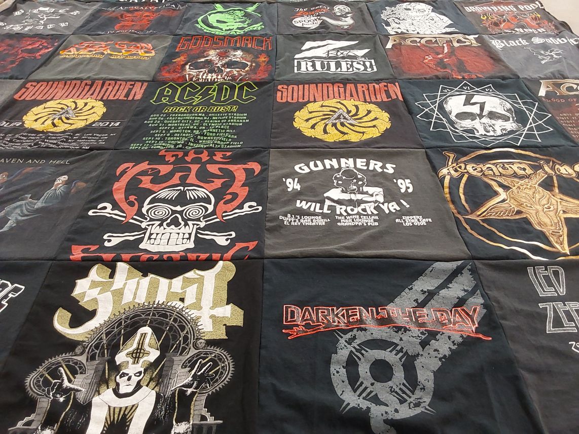 T-shirt quilt with rock music, metal music themes by Donna from NM