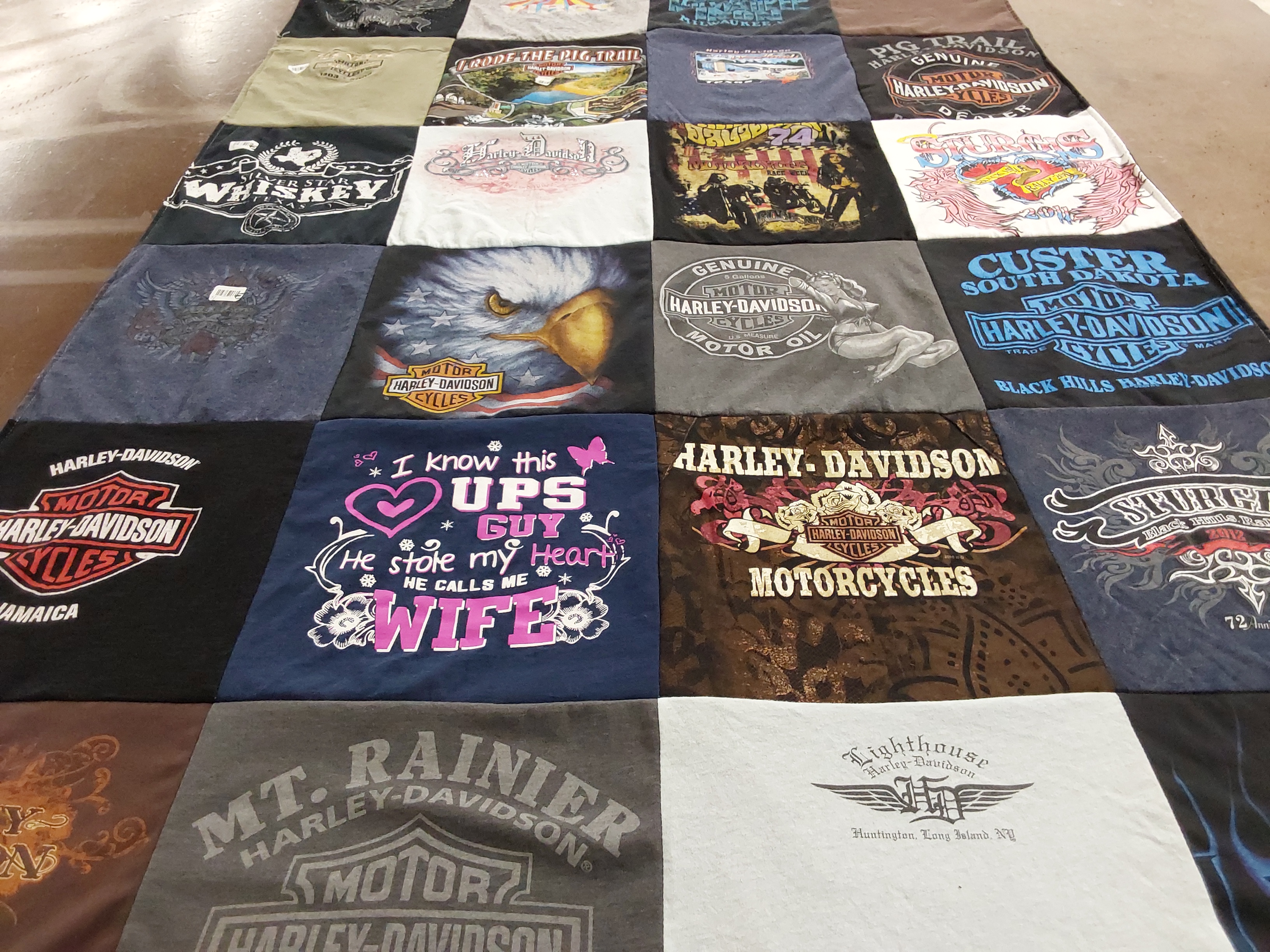 T-shirt quilt with motorcycles, biker culture themes by Jessica from TX