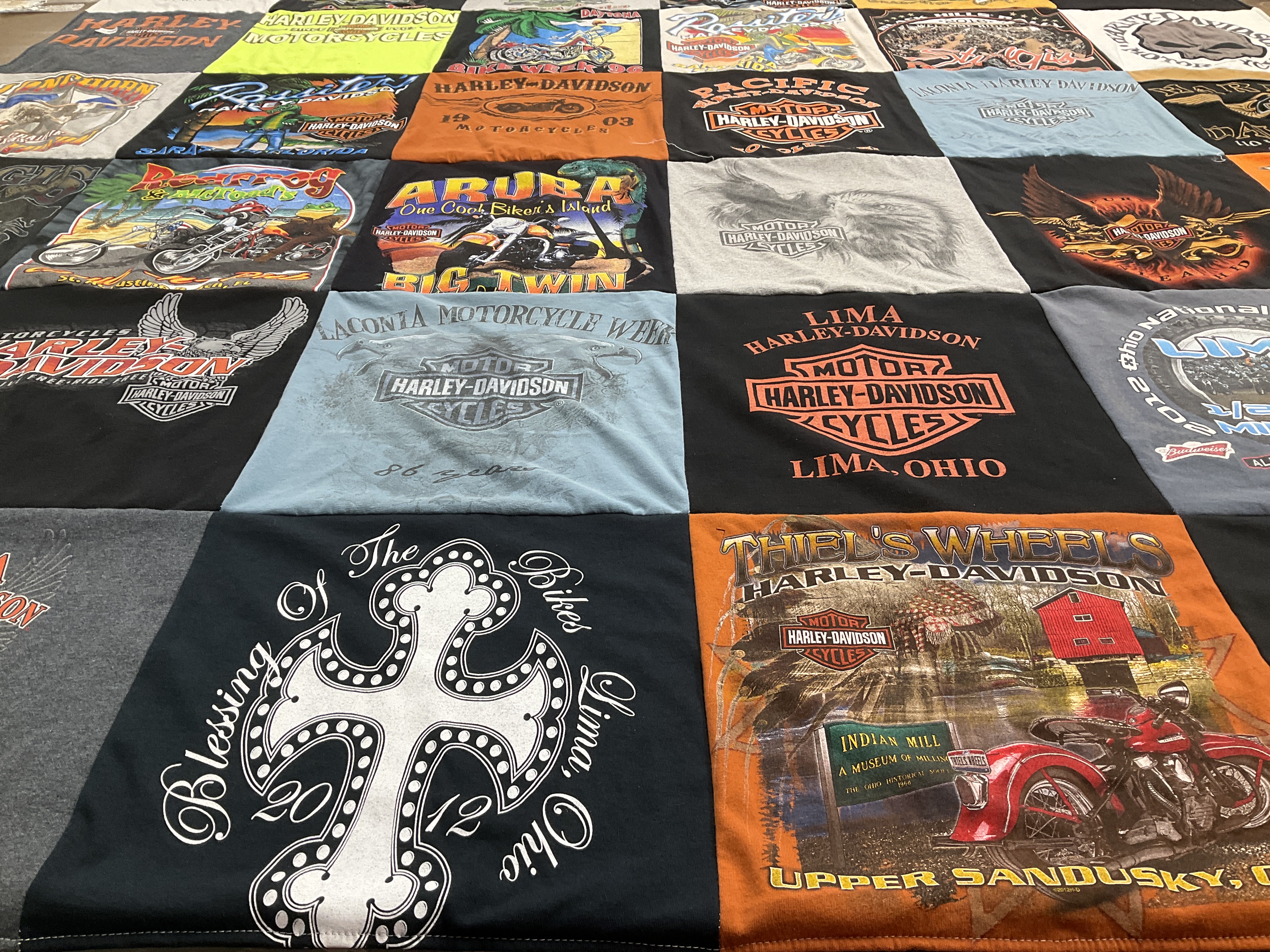 T-shirt quilt with motorcycles, biking themes by Ona from OH