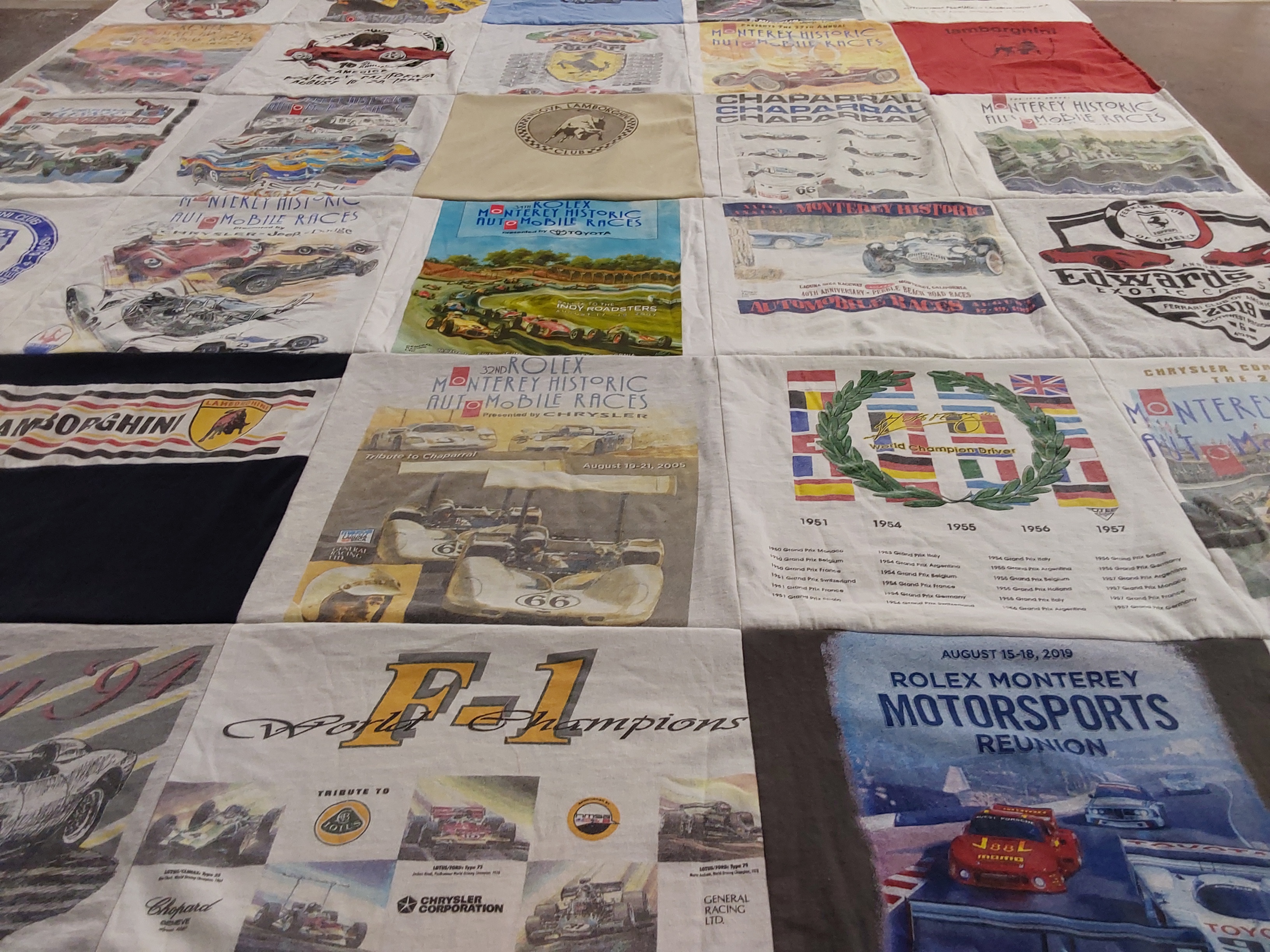 T-shirt quilt with motorsports, automobile racing themes by Darcy from CA