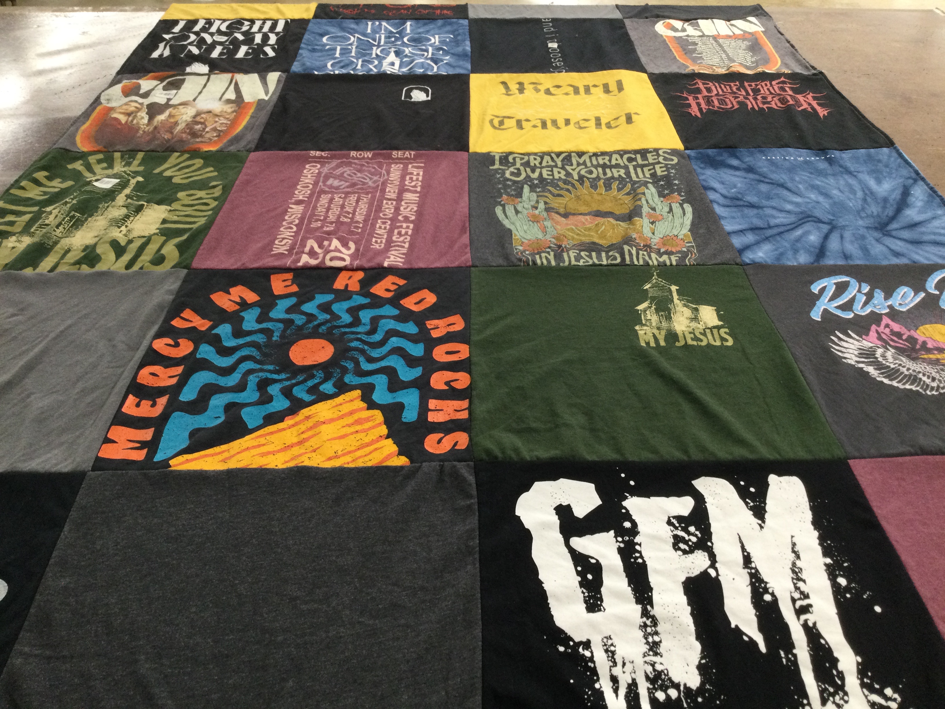 T-shirt quilt with music, religion themes by Nancy from AZ