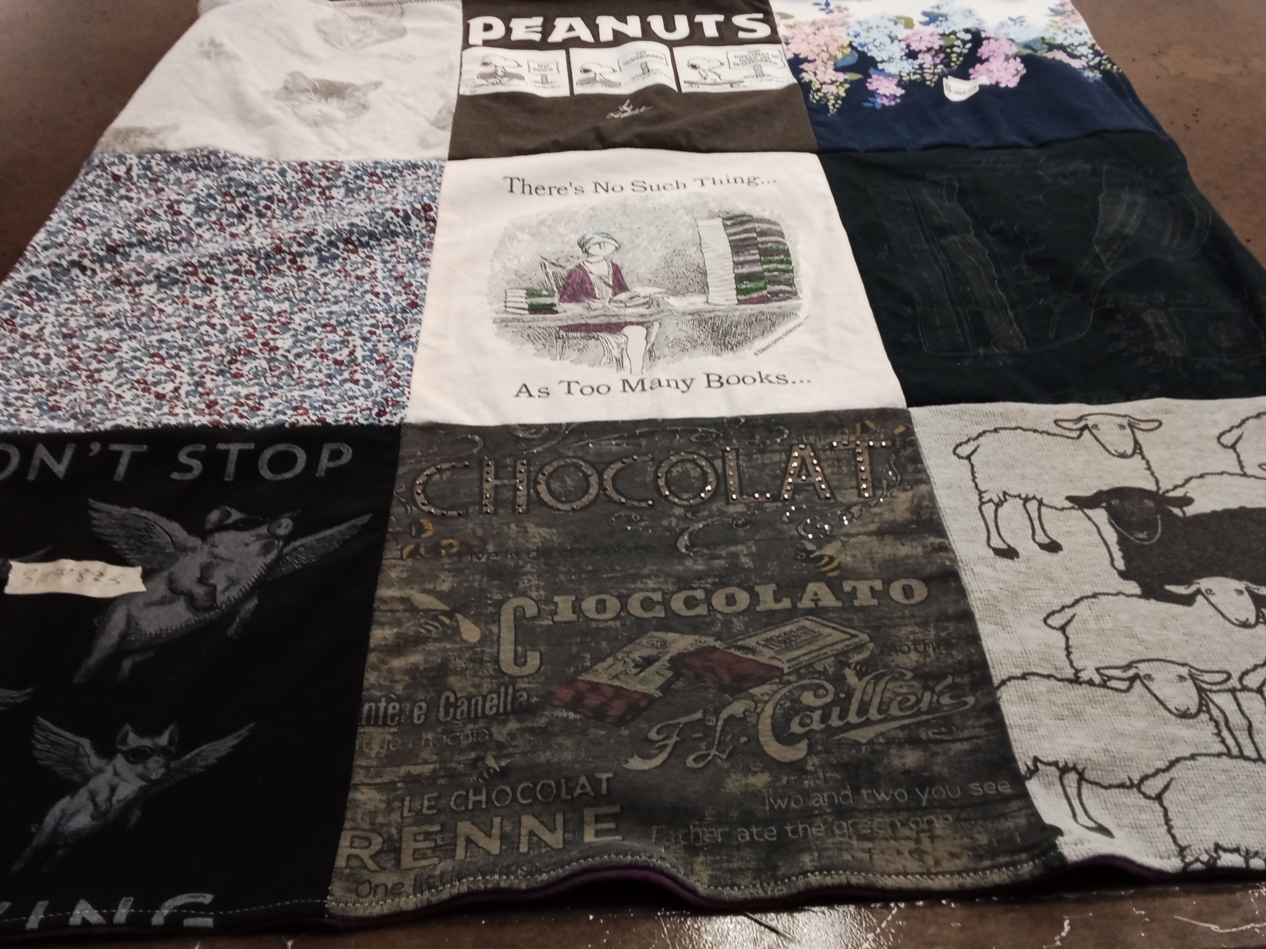 T-shirt quilt with reading, chocolate themes by Nancy from MA