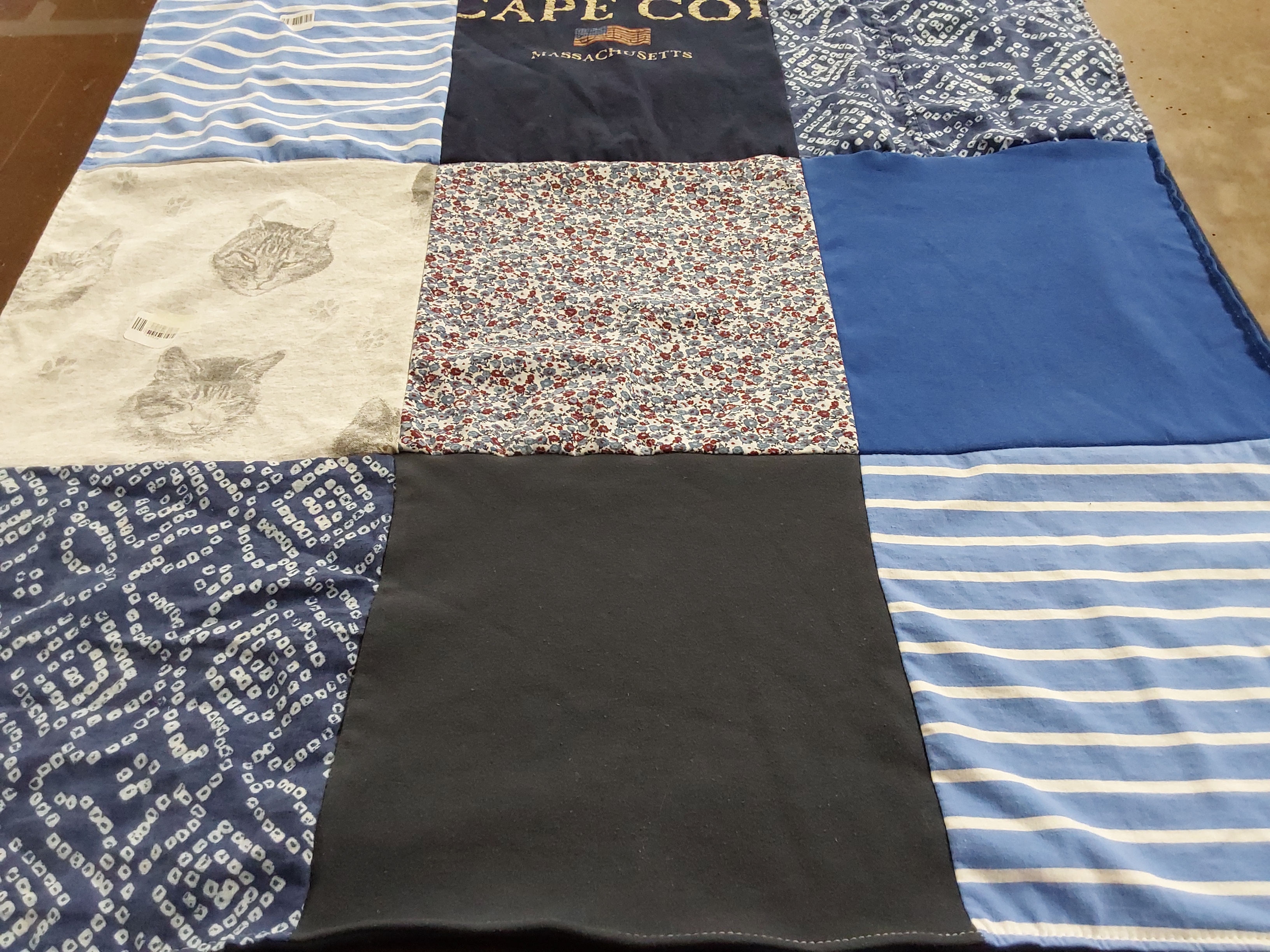 T-shirt quilt with cats, beaches themes by Nancy from MA