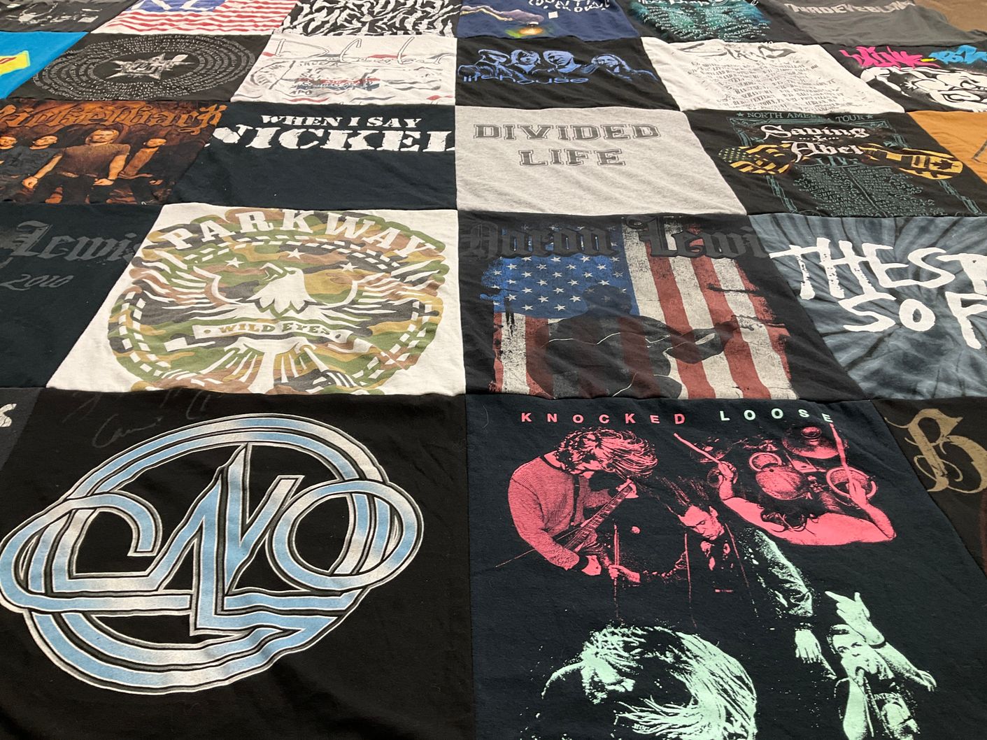 T-shirt quilt with music, concerts themes by Jennifer from MA