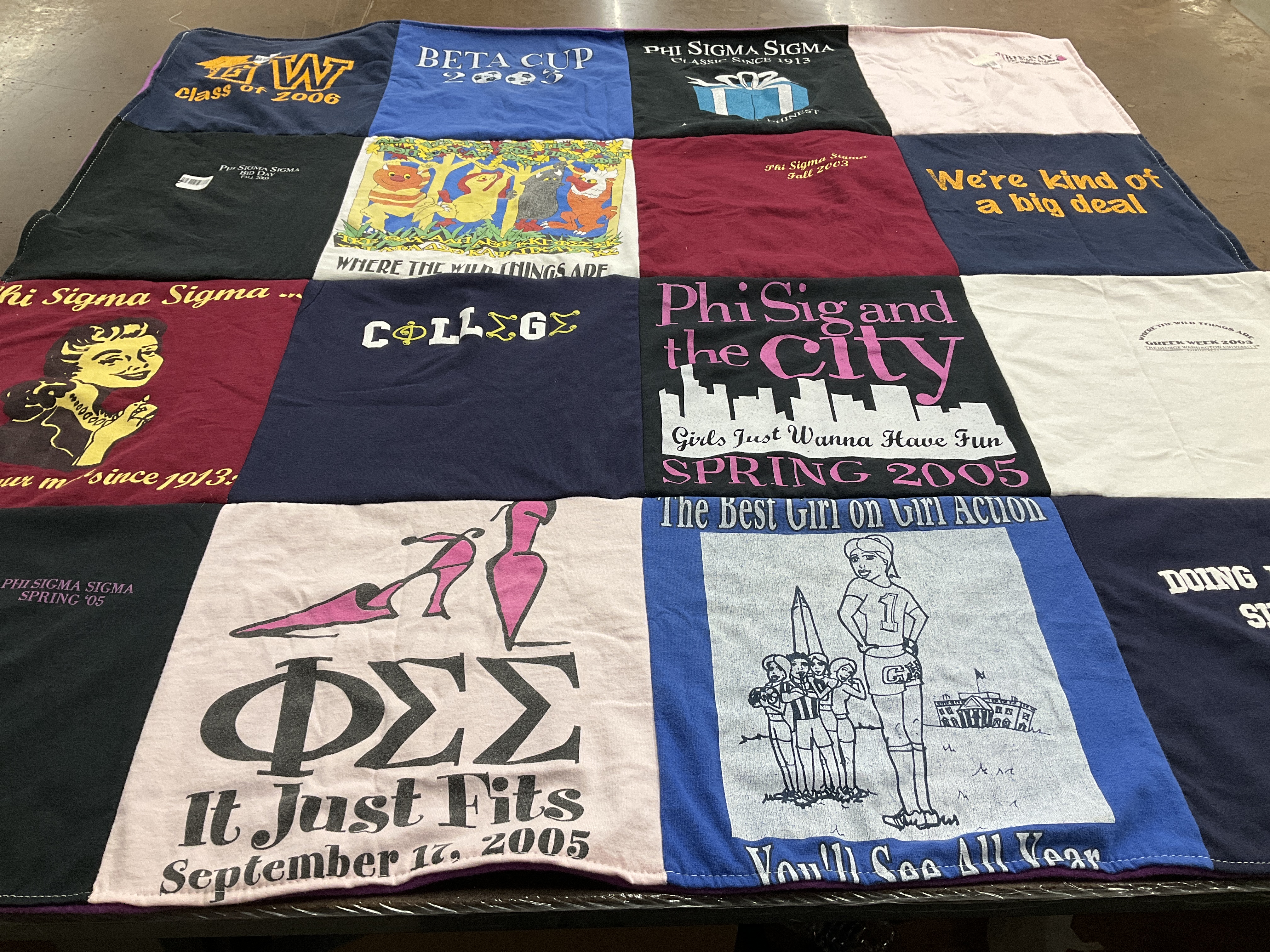 T-shirt quilt with sorority, college life themes by Miriam from DC