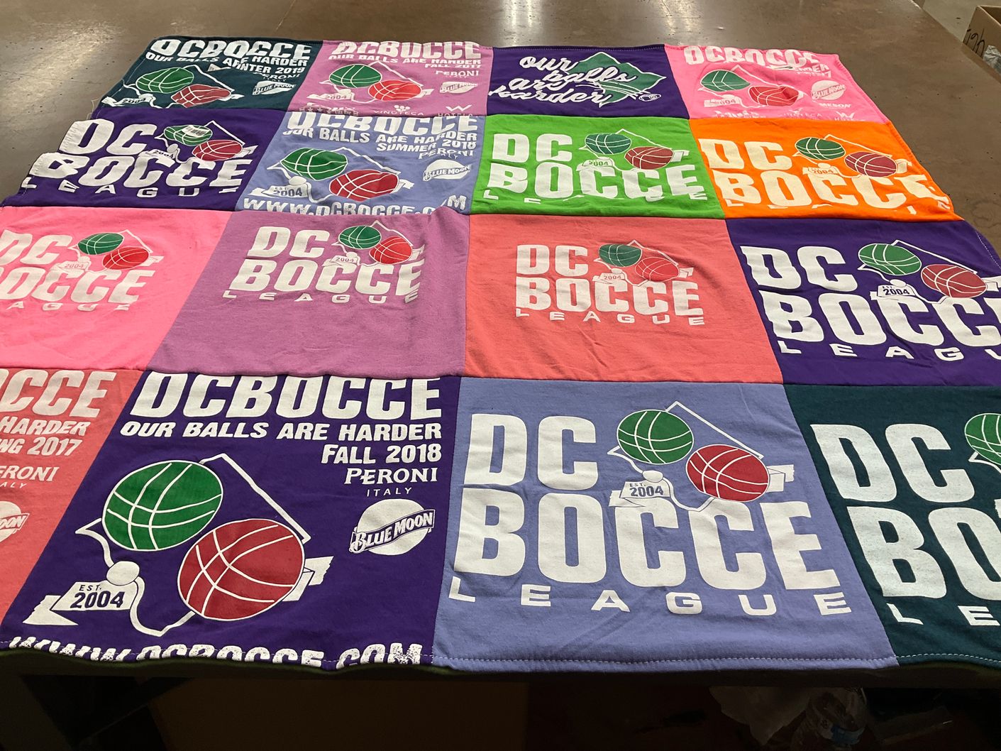 T-shirt quilt with bocce ball, sports themes by Miriam from CT