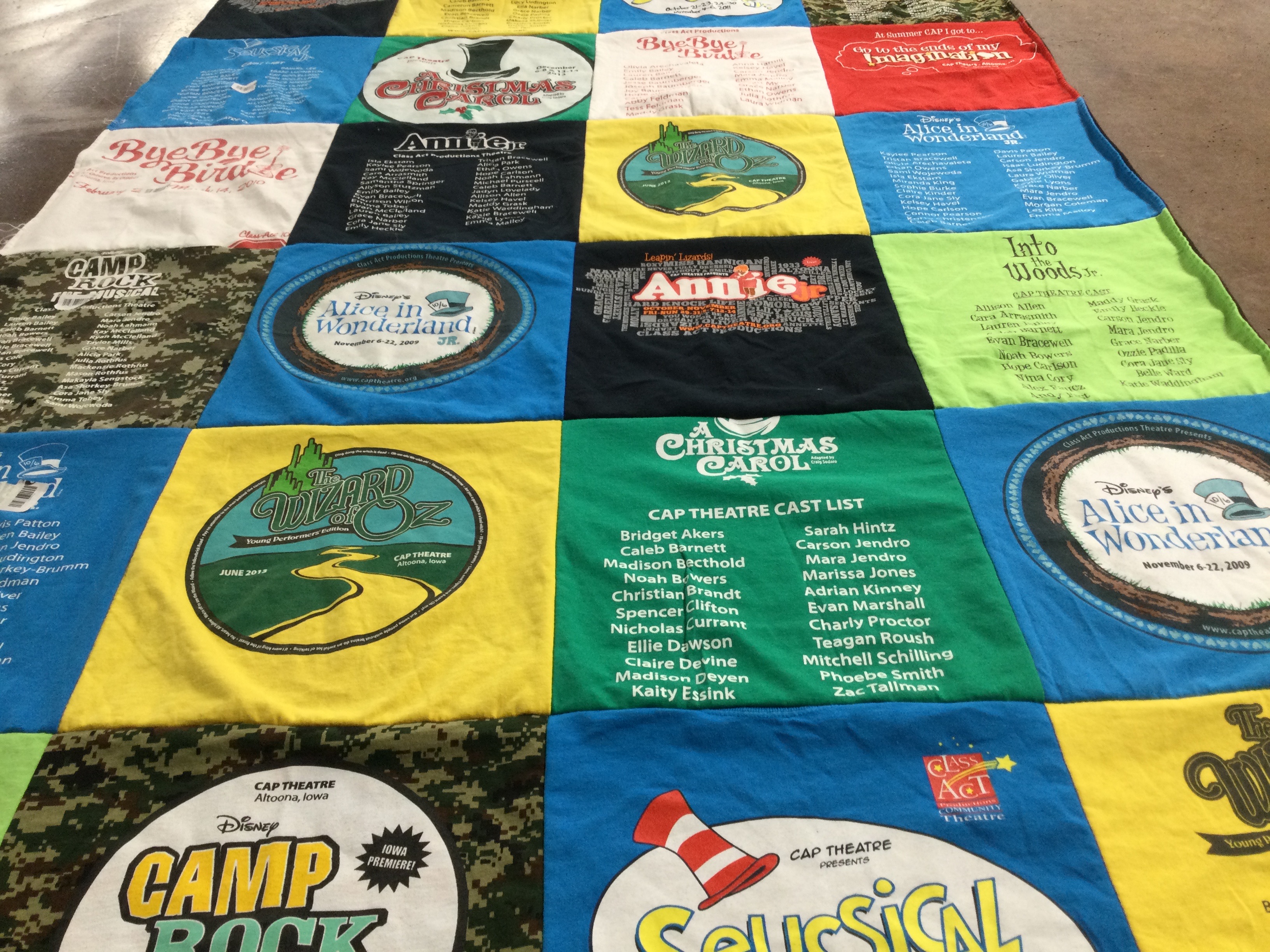 T-shirt quilt with theater, performing arts themes by Julie from IA