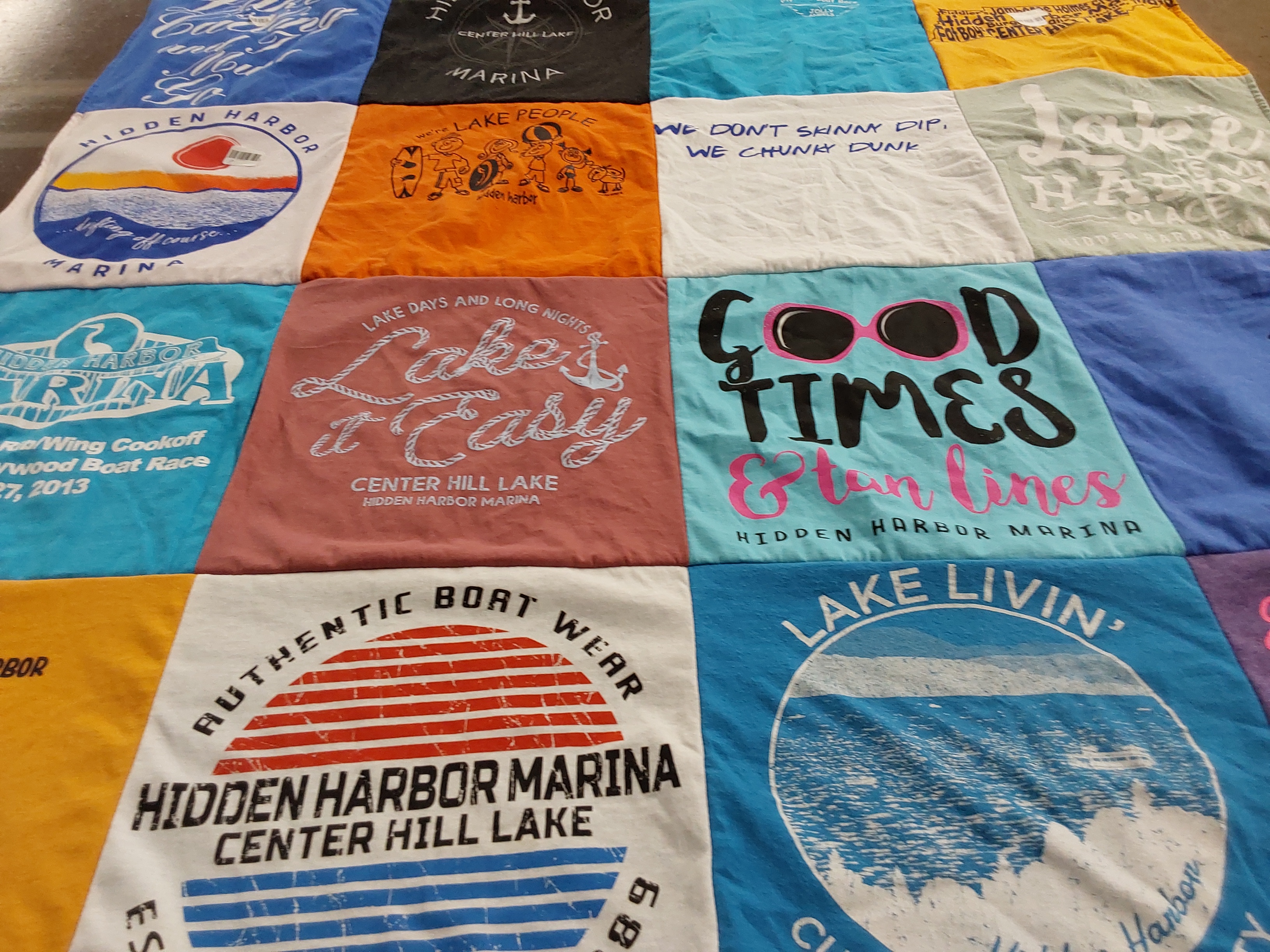 T-shirt quilt with boating, lake activities themes by Stacey from TN