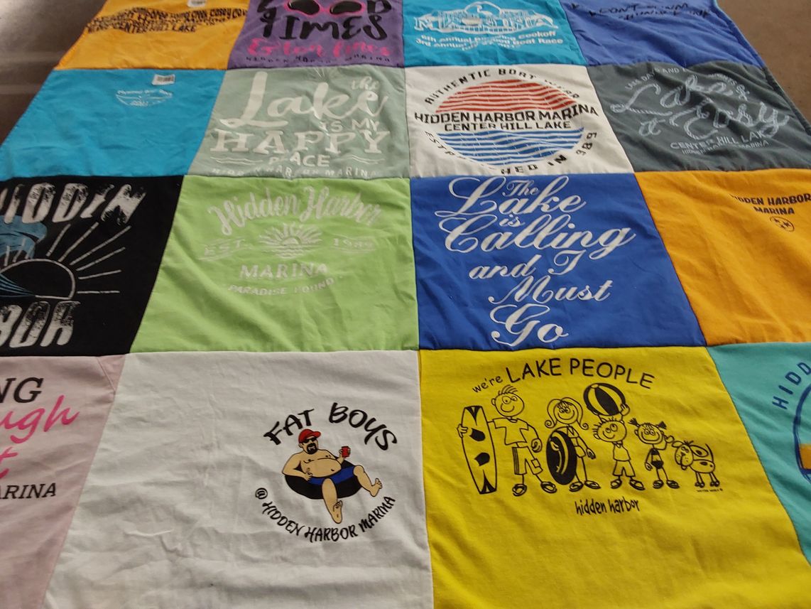 T-shirt quilt with boating, lake activities themes by Stacey from TN