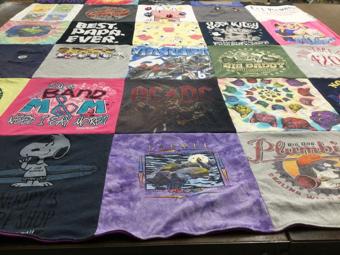 T-shirt quilt with family, music themes by Larisa from OR