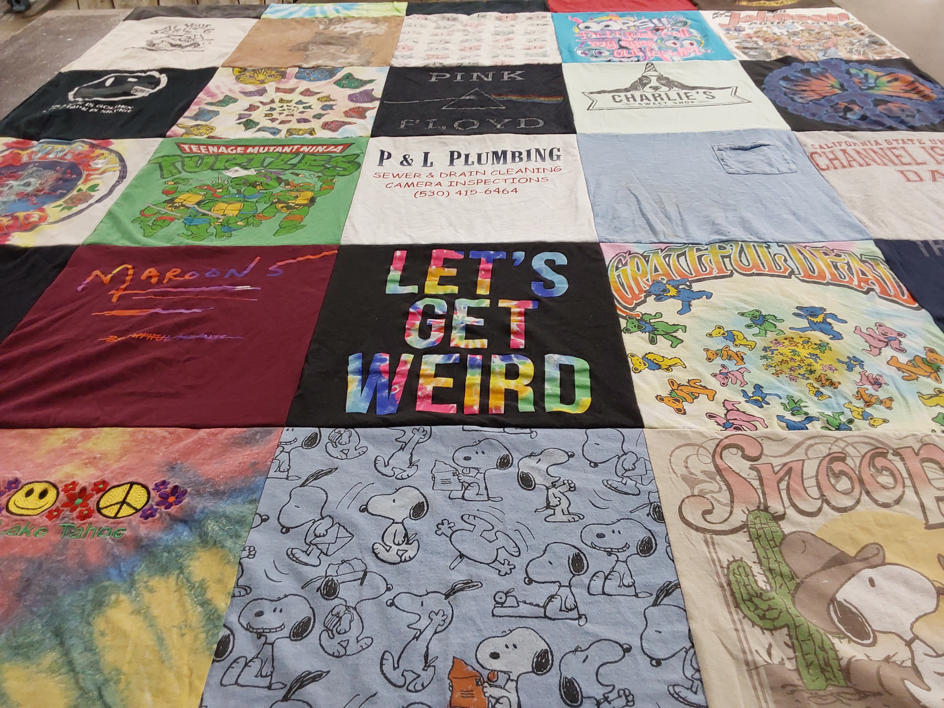 T-shirt quilt with music, art themes by Larisa from CA