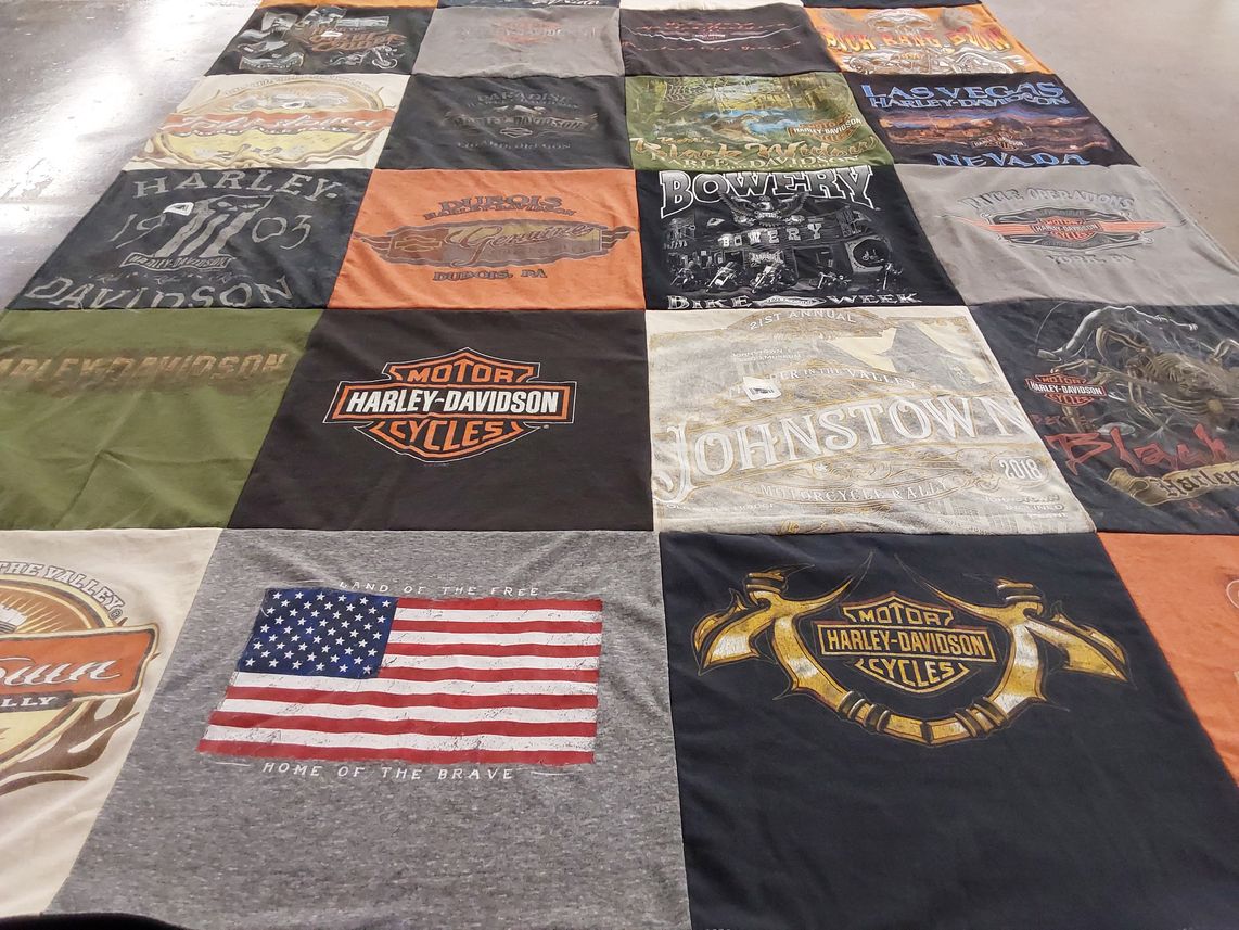 T-shirt quilt with motorcycling, biking themes by Kody from OH