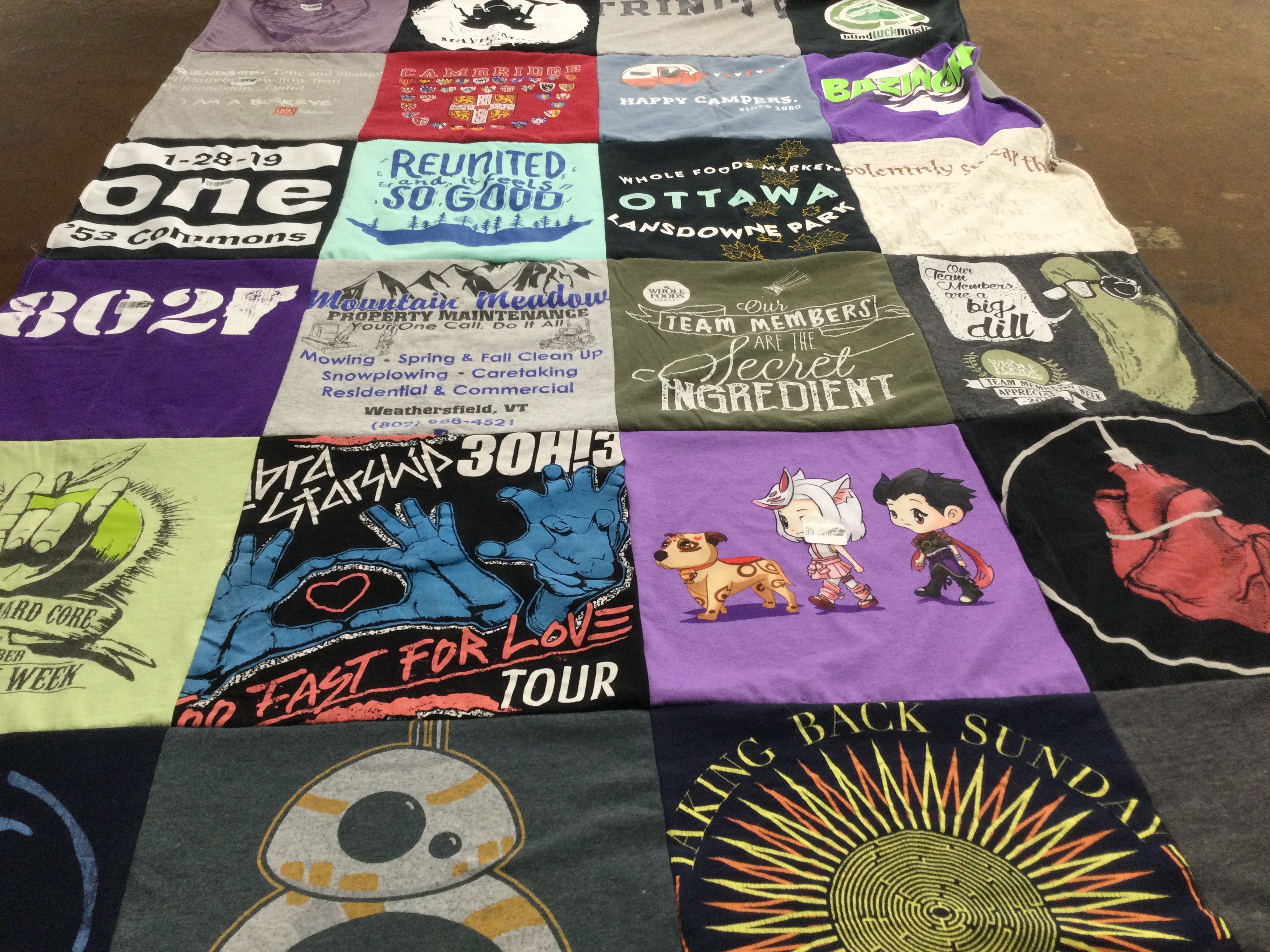 T-shirt quilt with music, outdoor activities themes by Jennifer from VT