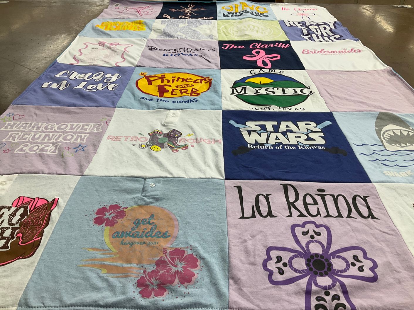 T-shirt quilt with movies, reunions themes by Mary Ruth from GA