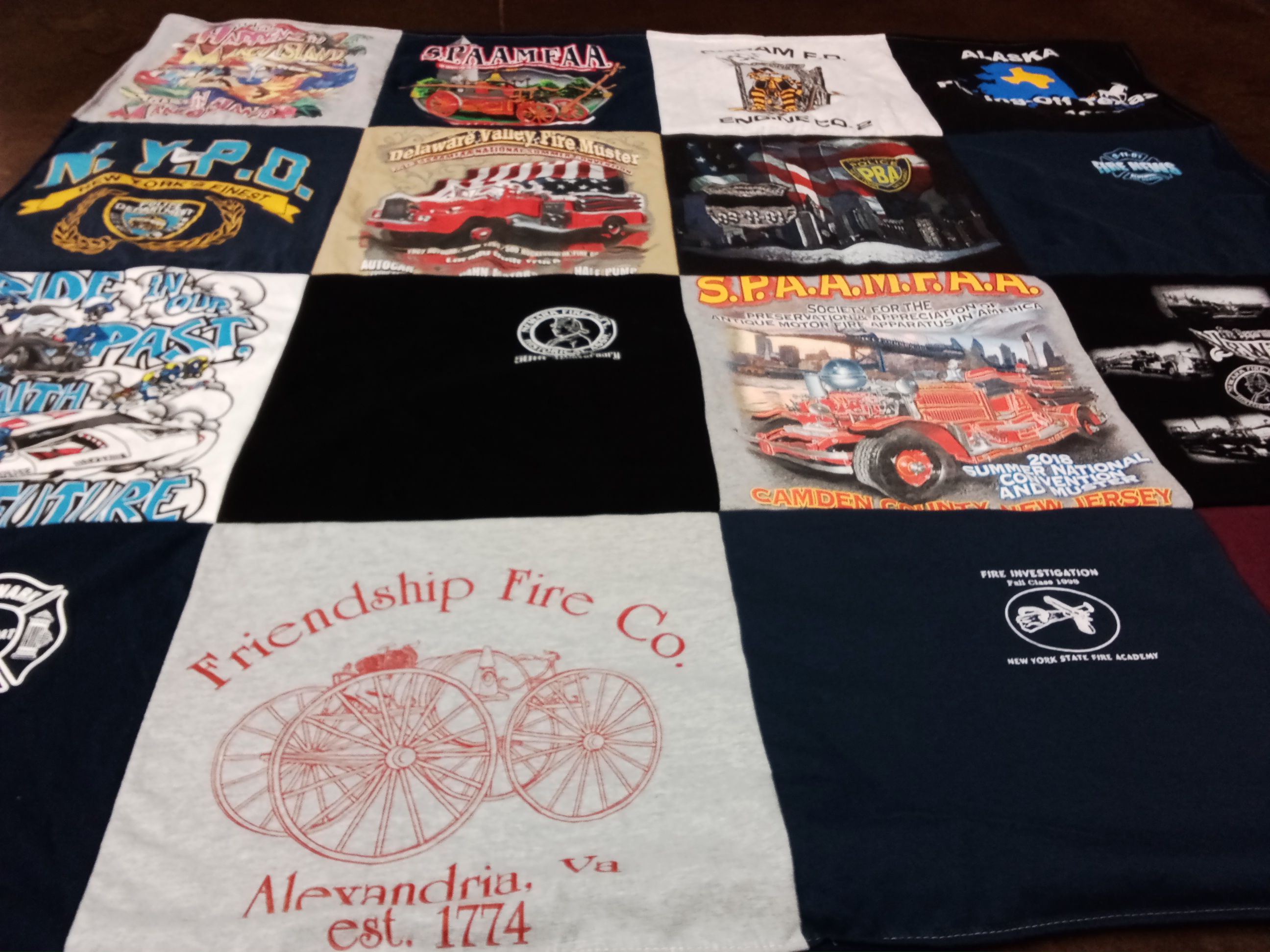 T-shirt quilt with firefighting, history themes by bob from NY