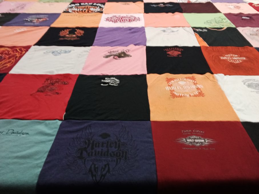 T-shirt quilt with motorcycles, biking themes by Ellen from OH