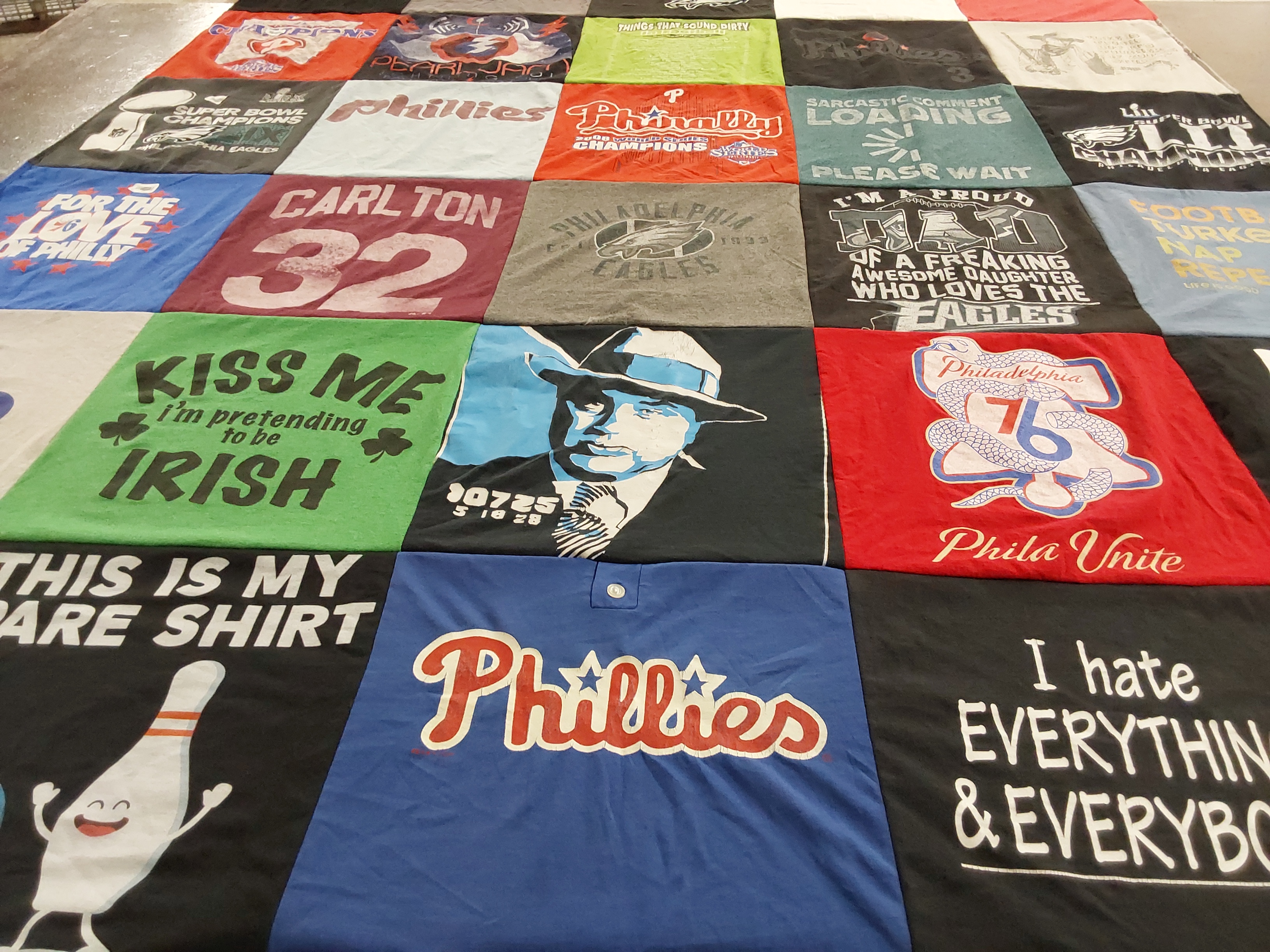 Custom Project Repat t-shirt quilt with philadelphia eagles, philadelphia 76ers team logos.