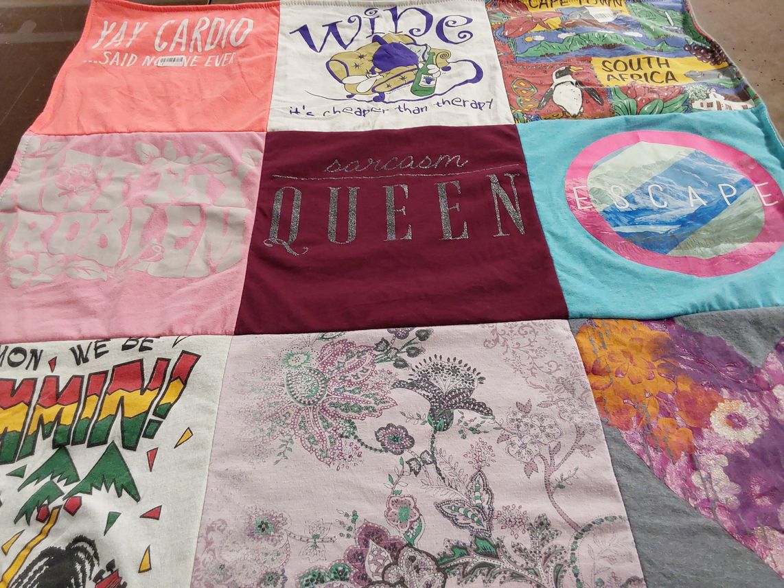 T-shirt quilt with fitness, wine themes by Saundra from VA