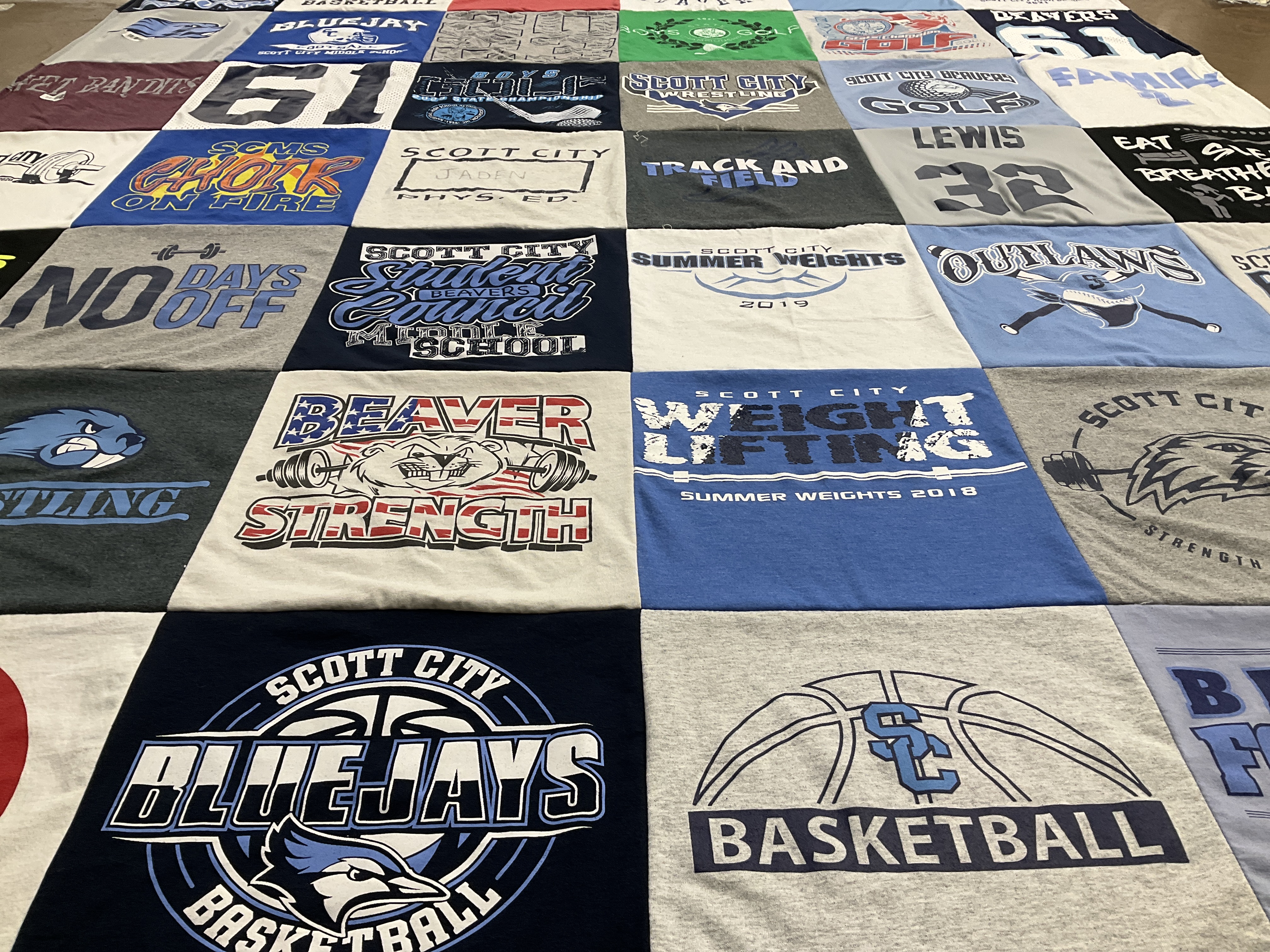T-shirt quilt featuring scott city bluejays by Laura from KS