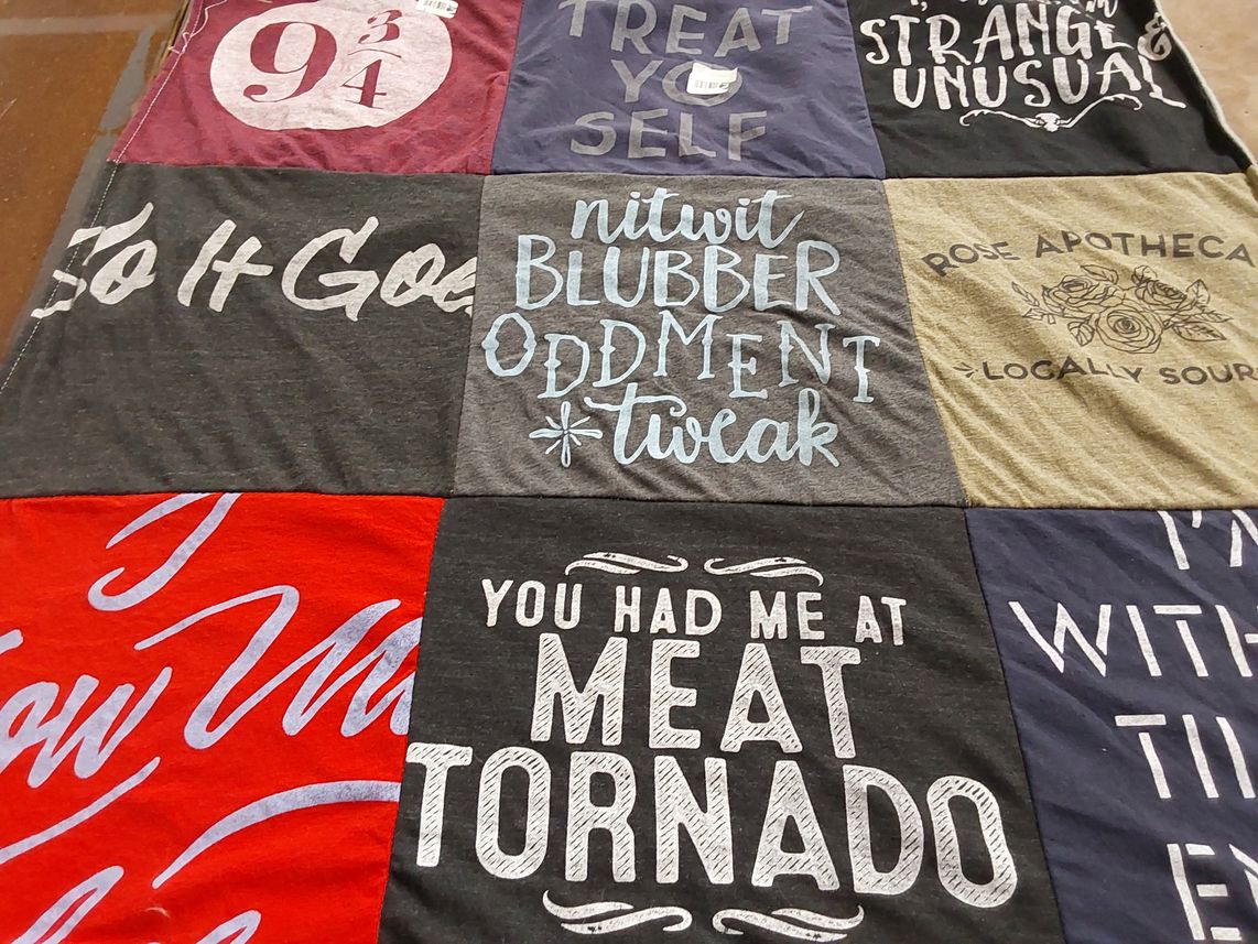 T-shirt quilt with literature, humor themes by Elisabeth from NY